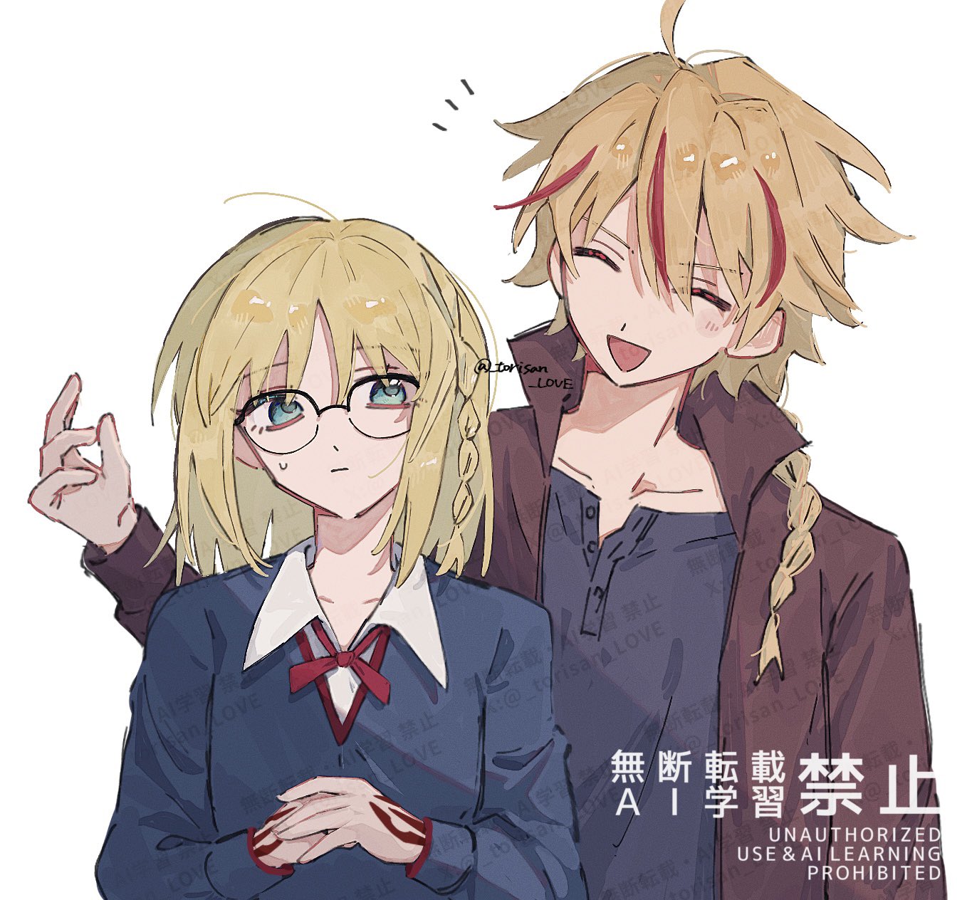 torisan love, richard i (fate), sajou ayaka (fate/strange fake), fate/strange fake, fate (series), commentary, highres, 1boy, 1girl, blonde hair, braid, brown jacket, closed eyes, closed mouth, collared shirt, command spell, glasses, green eyes, hair over shoulder, jacket, long sleeves, multicolored hair, neck ribbon, open mouth, red hair, ribbon, shirt, side braid, single braid, smile, streaked hair, sweat, sweater, twitter username, v-neck, watermark, white background, white shirt