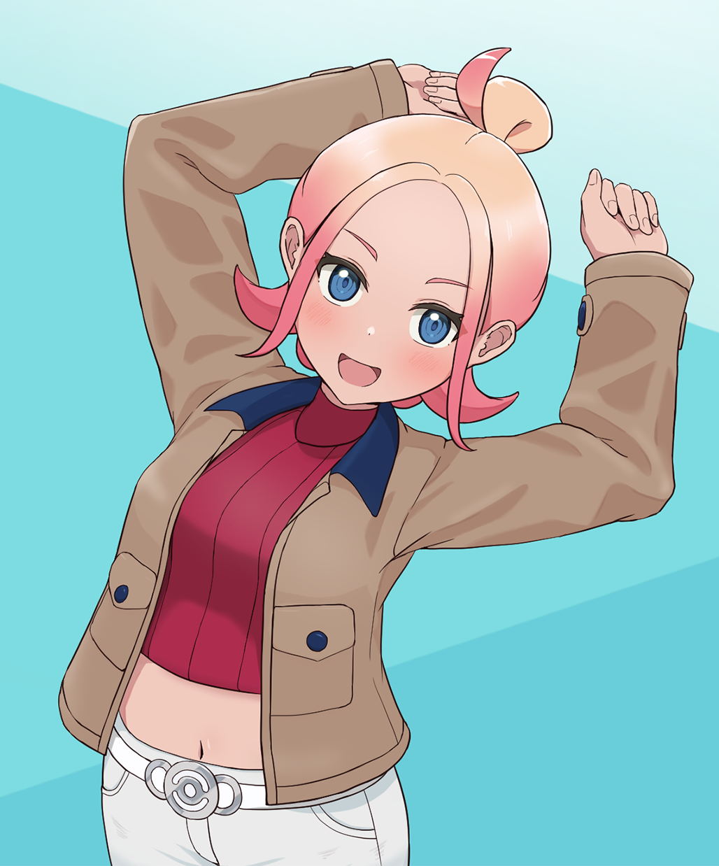 izuna (jsvv4844), taunie (pokemon), nintendo, pokemon, pokemon legends: z-a, commentary, highres, 1girl, :d, aqua background, arms up, belt, blue eyes, brown jacket, cropped shirt, hair bun, happy, jacket, long sleeves, looking at viewer, navel, open mouth, red shirt, ribbed shirt, shirt, shorts, smile, solo, white belt, white shorts