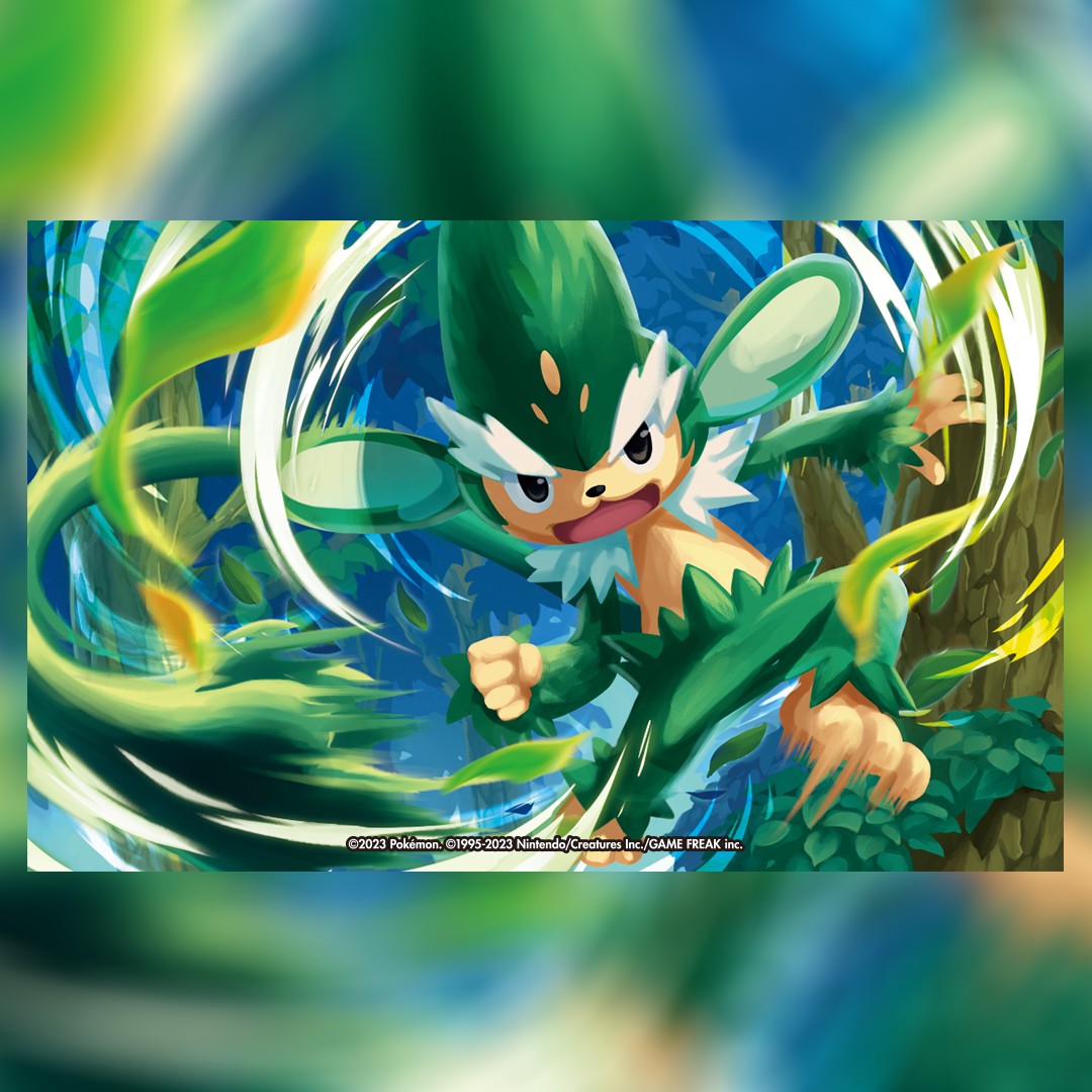 so kurata, simisage, nintendo, pokemon, pokemon tcg, commentary, english commentary, official art, third-party source, company name, copyright name, copyright notice, gen 5 pokemon, leaf, motion blur, open mouth, outdoors, pokemon (creature), pokemon focus, solo, tree