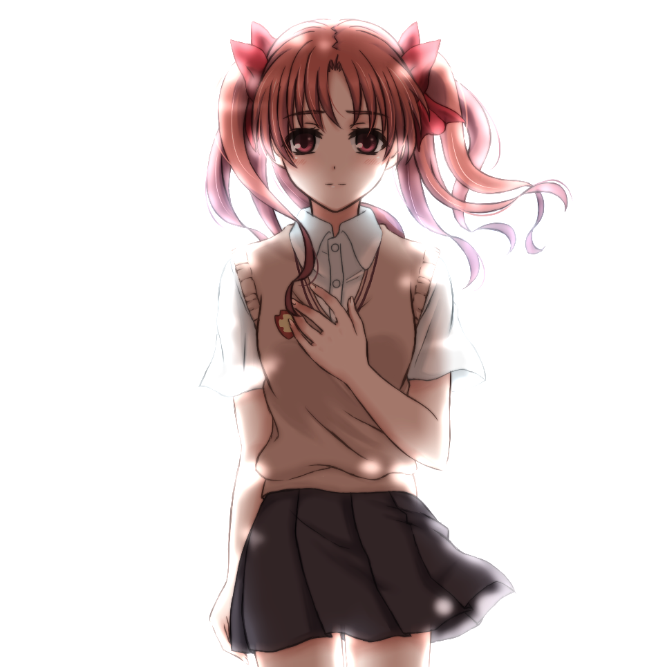 nmoo, shirai kuroko, toaru kagaku no railgun, toaru majutsu no index, bad id, bad pixiv id, 1girl, bow, brown eyes, brown hair, female focus, hair bow, long hair, school uniform, simple background, skirt, solo, sweater vest, twintails