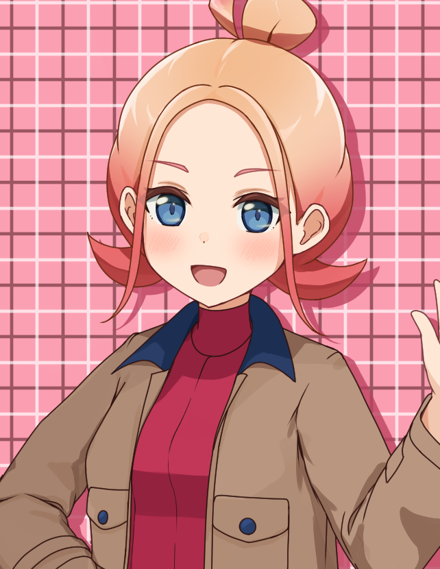 izuna (jsvv4844), taunie (pokemon), nintendo, pokemon, pokemon legends: z-a, commentary request, 1girl, :d, blue eyes, blush, brown jacket, hair bun, hand up, jacket, long sleeves, open clothes, open jacket, open mouth, red shirt, ribbed shirt, shirt, short hair, sidelocks, smile, solo