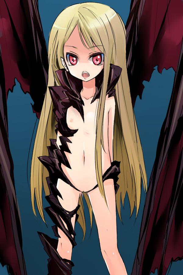 maromi (am97), mina tepes, dance in the vampire bund, bad id, bad pixiv id, 1girl, armor, blonde hair, cleft of venus, clitoris slip, cloak, fangs, female focus, flat chest, loli, long hair, navel, nipples, pointy ears, pussy, pussy peek, red eyes, solo, vampire, wings