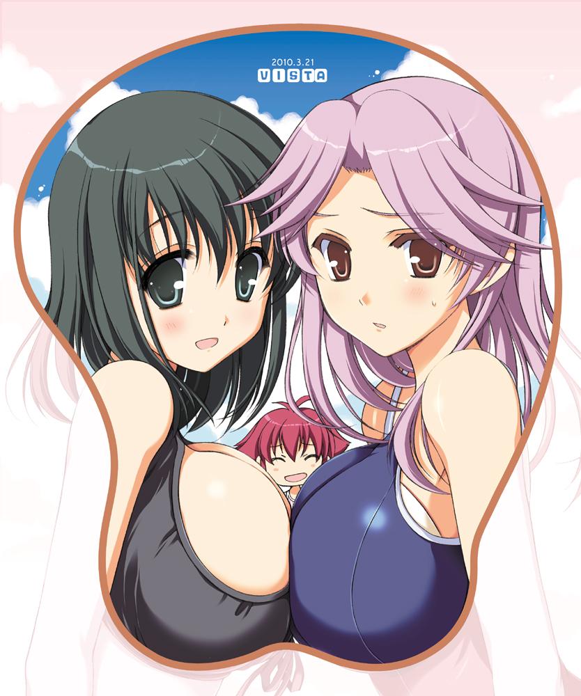 odawara hakone, kajiki yumi, kanbara satomi, touyoko momoko, saki (manga), bad id, bad pixiv id, 3girls, bikini, black hair, blush, breast mousepad, breast press, breasts, brown eyes, green eyes, large breasts, mousepad (medium), multiple girls, one-piece swimsuit, purple hair, red hair, school swimsuit, swimsuit, symmetrical docking
