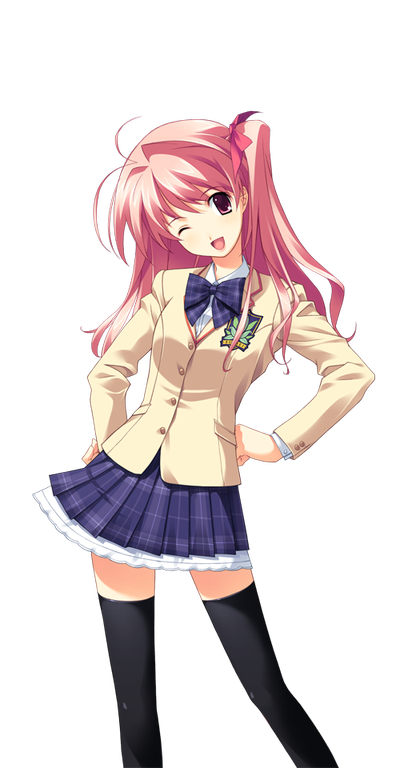 matsuo yukihiro, sakihata rimi, chaos;head, science adventure, game cg, non-web source, official art, 1girl, antenna hair, black thighhighs, blazer, bow, bowtie, breasts, brown jacket, collared shirt, dress shirt, hand on own hip, head tilt, jacket, looking at viewer, miniskirt, one eye closed, one side up, open mouth, petticoat, pink eyes, pink hair, plaid bow, plaid bowtie, plaid clothes, plaid skirt, purple bow, purple bowtie, school uniform, shirt, skirt, small breasts, smile, solo, sprite, suimei academy school uniform, thighhighs, transparent background, white shirt, zettai ryouiki