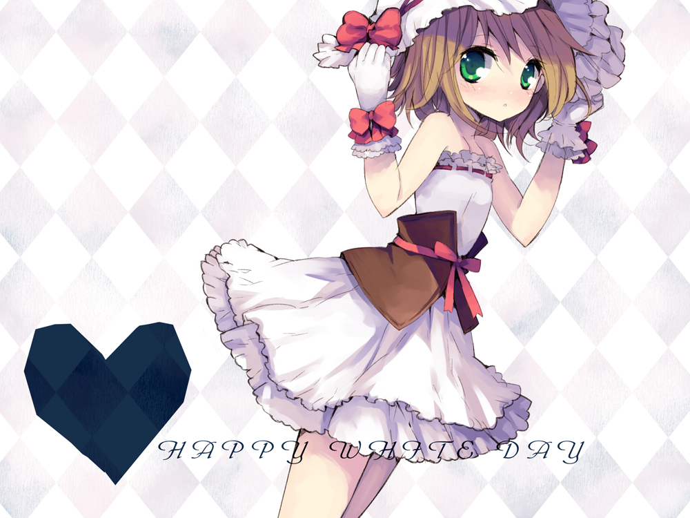 rugo, original, 1girl, bare shoulders, belt, blush, bow, brown hair, cropped legs, dress, female focus, flat chest, frilled dress, frills, gloves, green eyes, hat, heart, looking at viewer, short hair, solo, white day, white dress, white gloves, white hat