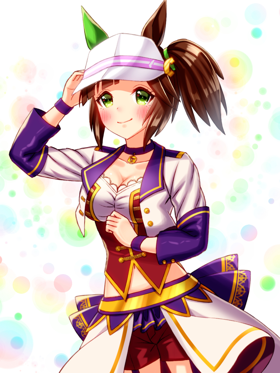 sugimotty nova, ines fujin (umamusume), umamusume, commentary request, highres, 1girl, animal ears, blush, bodice, breasts, brown hair, choker, cleavage, closed mouth, collarbone, corset, cropped jacket, ear covers, garter straps, green eyes, hat, horse ears, horse girl, jacket, large breasts, long sleeves, looking at viewer, medium hair, midriff peek, navel, no tail, overskirt, pendant choker, purple choker, purple garter straps, red corset, red shorts, shirt, shorts, side ponytail, single ear cover, smile, solo, starting future (umamusume), visor cap, white jacket, white shirt, wristband