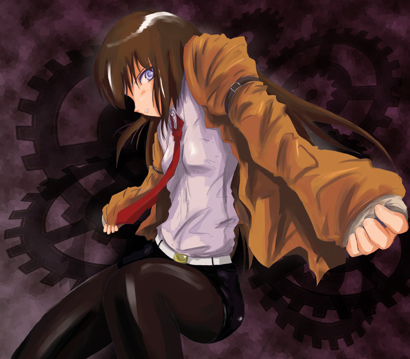 wakki, makise kurisu, science adventure, steins;gate, 1girl, blue eyes, brown hair, female focus, gears, jacket, long hair, pantyhose, shorts, solo