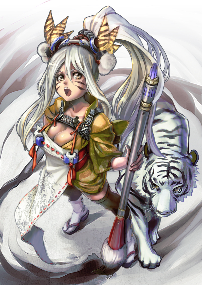 aro (charged time out), original, bad id, bad pixiv id, 1girl, breasts, calligraphy brush, cleavage, facial mark, female focus, geta, japanese clothes, kimono, large breasts, long hair, paintbrush, ponytail, ribbon trim, solo, tabi, thighhighs, tiger, whisker markings, white hair