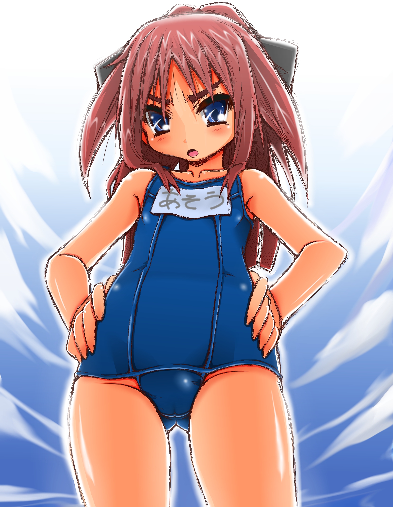 naz (garyuuya), asai china, asou china, original, highres, 1girl, blue eyes, cameltoe, cloud, day, female focus, flat chest, hair ribbon, hands on own hips, loli, long hair, one-piece swimsuit, ponytail, red hair, ribbon, school swimsuit, sky, solo, swimsuit, tsurime