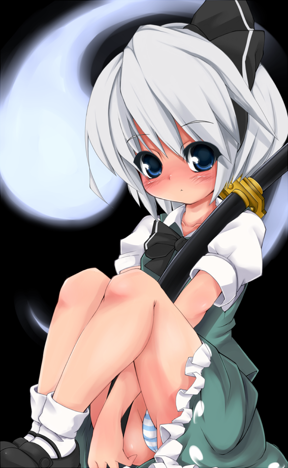 fushuu, konpaku youmu, konpaku youmu (ghost), touhou, silver hair, 1girl, blue eyes, blush, female focus, hitodama, katana, loli, panties, pantyshot, ribbon, sheath, sheathed, short hair, sitting, solo, striped clothes, striped panties, sword, underwear, weapon
