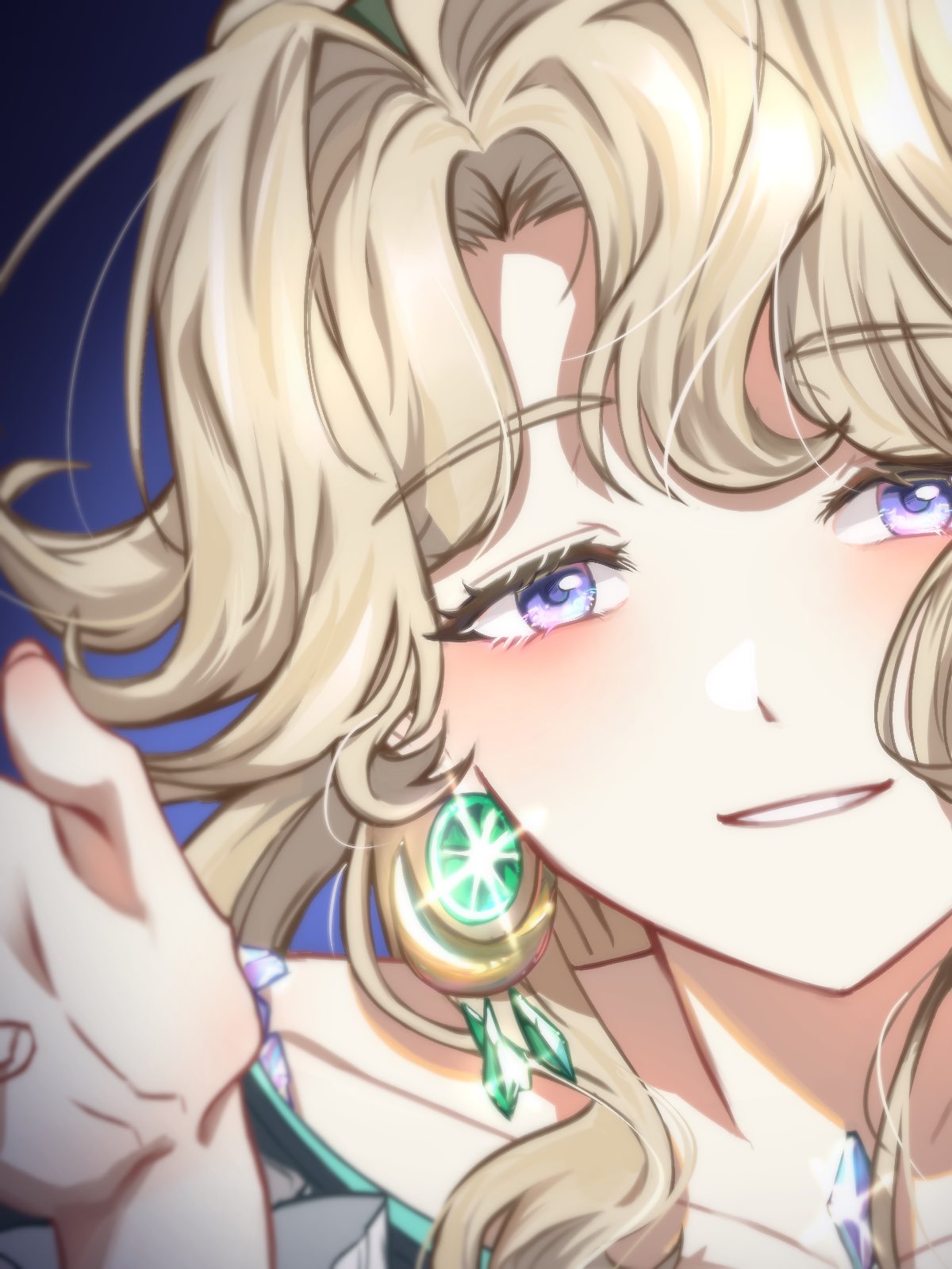 reverse:1999, commentary, english commentary, highres, 1girl, beryl bouanich, blonde hair, blue background, blue eyes, close-up, crescent, crescent earrings, earrings, floating earrings, glint, grin, hand up, jewelry, long hair, looking at viewer, pai1999ag, smile, solo