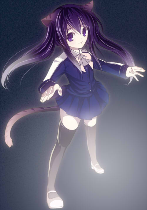 achiba, wendy marvell, fairy tail, 1girl, animal ears, black hair, blouse, bow, cat ears, cat tail, child, female focus, lens flare, long sleeves, mary janes, purple eyes, ribbon, shirt, shoes, skirt, solo, tail, thighhighs, twintails, zettai ryouiki