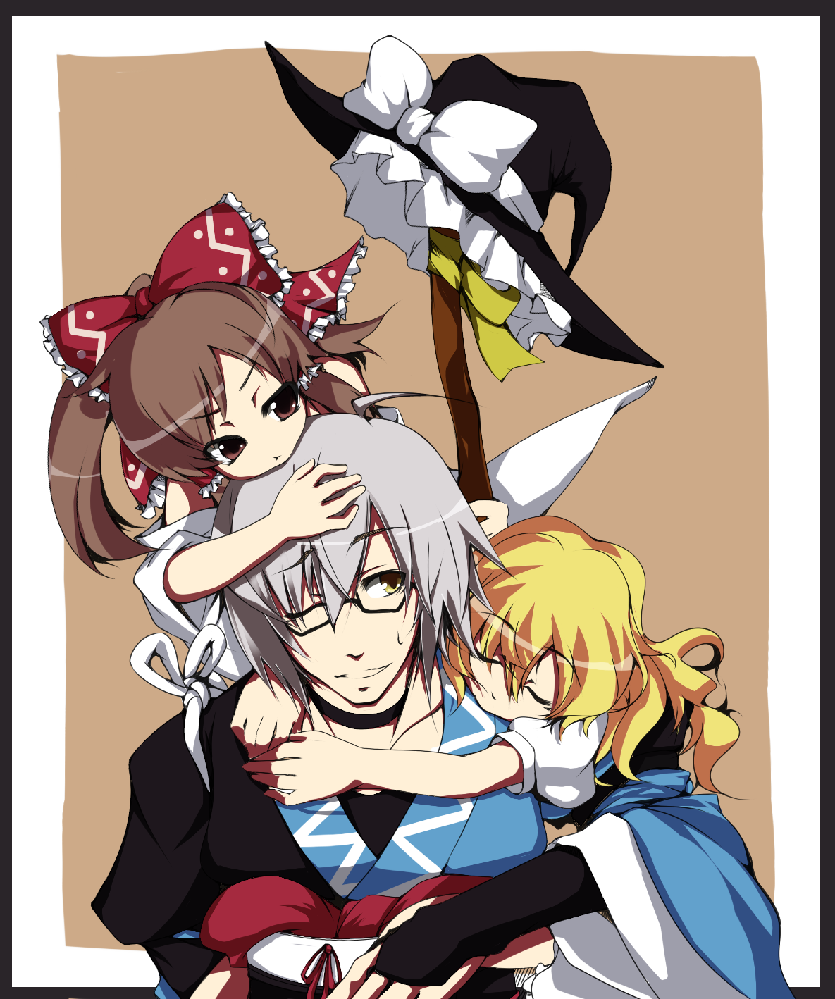 neko-hime, neko-hime (neko-hime), serizawa mutsuki, hakurei reimu, kirisame marisa, morichika rinnosuke, curiosities of lotus asia, touhou, silver hair, bad id, bad pixiv id, colorized, highres, md5 mismatch, 1boy, 2girls, aged down, ahoge, blue eyes, bow, brown eyes, brown hair, choker, closed eyes, detached sleeves, glasses, hair bow, hat, japanese clothes, large bow, long hair, miko, multiple girls, one eye closed, short hair, simple background, sleeping, sweatdrop, tasuki, unworn hat, unworn headwear, yellow eyes