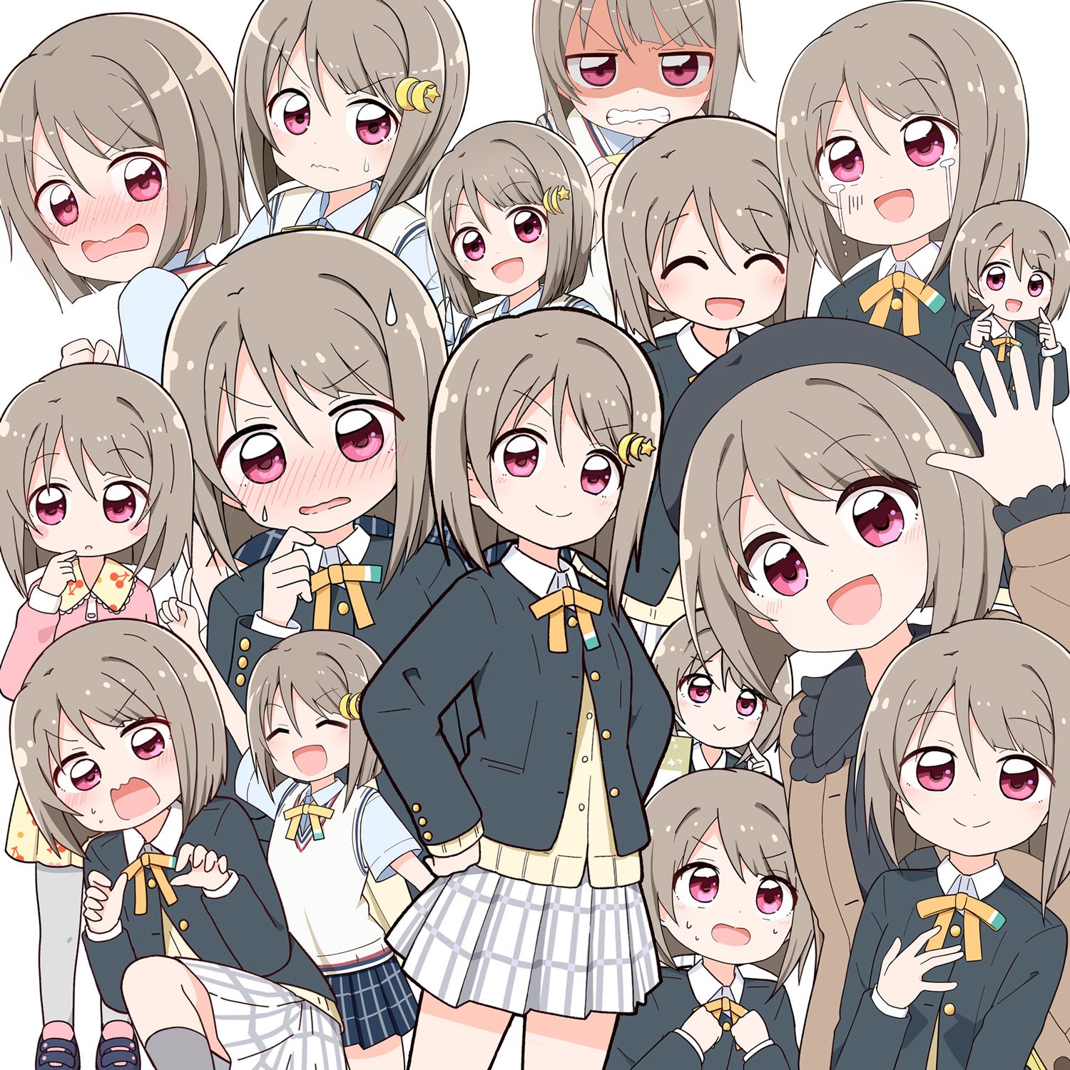 miyamaki, nakasu kasumi, love live!, love live! nijigasaki high school idol club, love live! nijigasaki high school idol club the movie – finale, commentary request, highres, 1girl, :>, :d, ^ ^, beret, black hat, black jacket, black shirt, blue skirt, blush, brown cardigan, cardigan, clenched teeth, closed eyes, closed mouth, collared shirt, crescent, crescent hair ornament, crying, crying with eyes open, embarrassed, fingers to cheeks, flustered, frilled shirt collar, frills, hair ornament, hat, jacket, light frown, long sleeves, looking at viewer, miniskirt, multiple expressions, multiple views, neck ribbon, nervous sweating, nijigasaki school uniform, nose blush, open cardigan, open clothes, open mouth, parted lips, peanut mouth, pink eyes, plaid clothes, plaid skirt, pleated skirt, ribbon, school uniform, shaded face, shirt, simple background, skirt, smile, split mouth, star (symbol), star hair ornament, summer uniform, sweat, sweater vest, tears, teeth, v-shaped eyebrows, wavy mouth, white background, white shirt, white skirt, winter uniform, yellow cardigan, yellow ribbon, yellow sweater vest