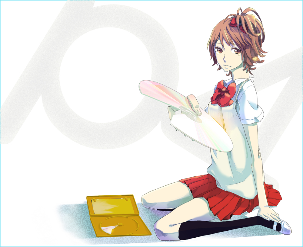 hoe (dbp), hanamura yousuke, atlus, persona, persona 4, 1girl, brown eyes, brown hair, dvd (object), female focus, genderswap, genderswap (mtf), kneehighs, short hair, skirt, socks, solo, tears