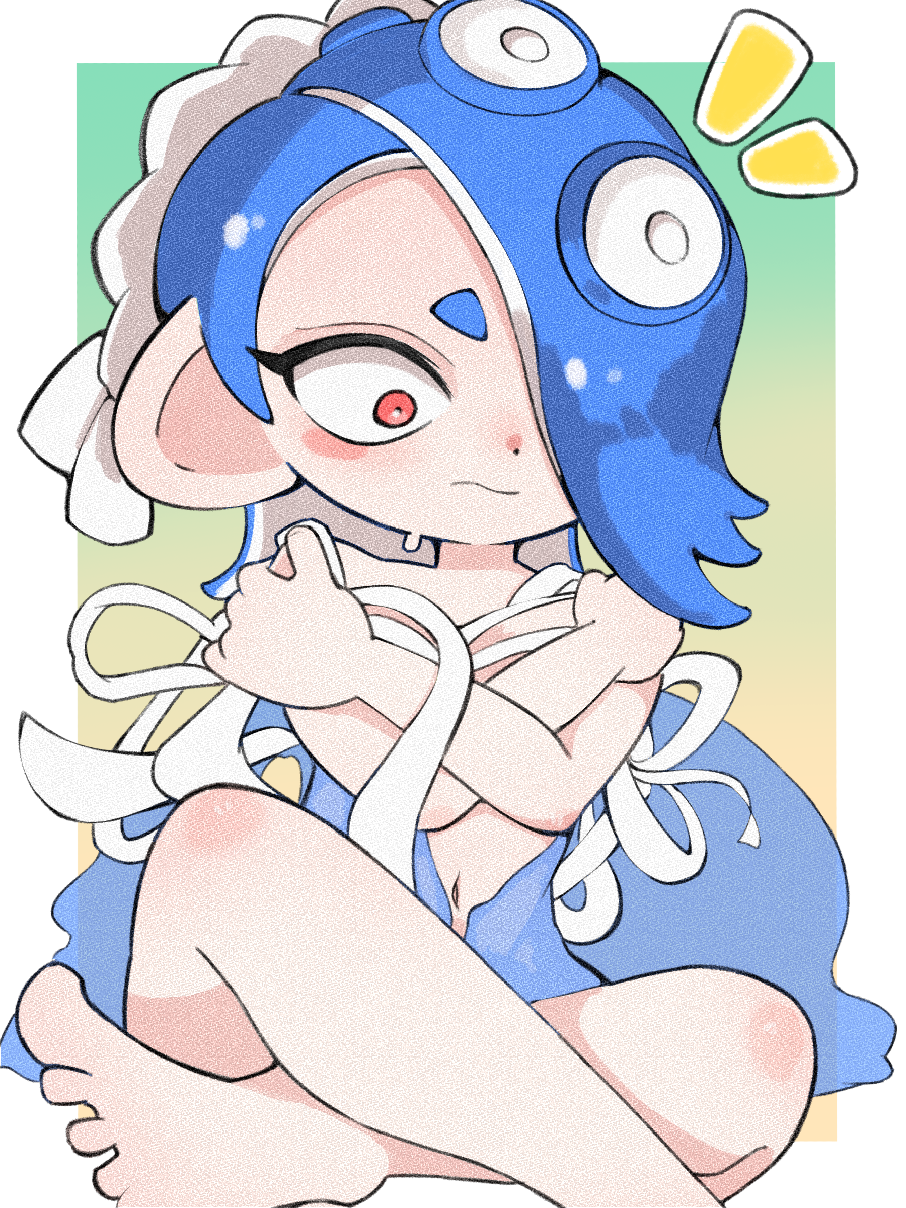 shiver (deep cut outfit) (splatoon), shiver (splatoon), nintendo, splatoon (series), splatoon 3, 1girl, ^^^, blush, capelet, chest sarashi, crossed arms, crossed legs, embarrassed, frown, hair over one eye, looking down, navel, nejiri hachimaki, red eyes, sarashi, sitting, solo, sweatdrop, tentacle hair, wardrobe malfunction, wide-eyed