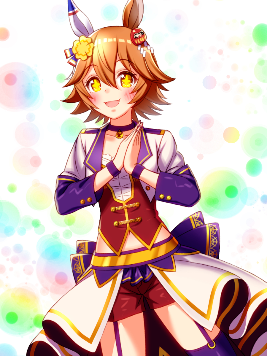 sugimotty nova, matikanefukukitaru (umamusume), umamusume, commentary request, highres, + +, 1girl, animal ears, blush, bodice, breasts, choker, clover hair ornament, collarbone, corset, cropped jacket, daruma doll, daruma doll hair ornament, ear covers, four-leaf clover hair ornament, garter straps, hair between eyes, hair ornament, horse ears, horse girl, jacket, long sleeves, looking at viewer, midriff peek, navel, no tail, open mouth, orange hair, overskirt, own hands clasped, own hands together, pendant choker, purple choker, purple garter straps, red corset, red shorts, shirt, short hair, shorts, single ear cover, small breasts, smile, solo, starting future (umamusume), symbol-shaped pupils, white jacket, white shirt, wristband