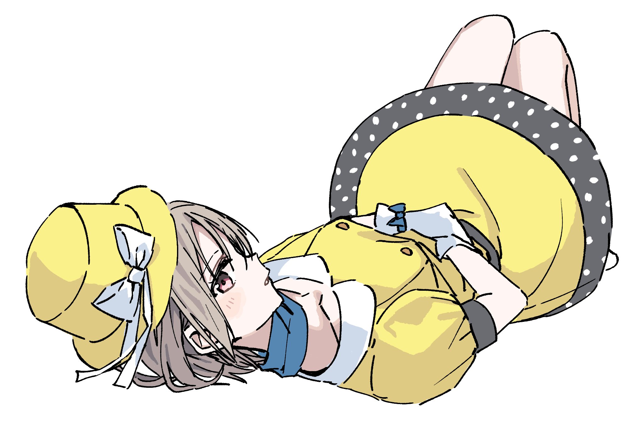 posushi, nakasu kasumi, love live!, love live! nijigasaki high school idol club, commentary, highres, symbol-only commentary, 1girl, blue neckerchief, breasts, brown hair, buttons, double-breasted, dress, full body, gloves, hat, looking at viewer, looking back, lying, medium breasts, medium dress, neckerchief, on back, parted lips, pink eyes, polka dot, polka dot dress, poppin' up! (love live!), short hair, simple background, solo, white background, white gloves, yellow dress, yellow hat