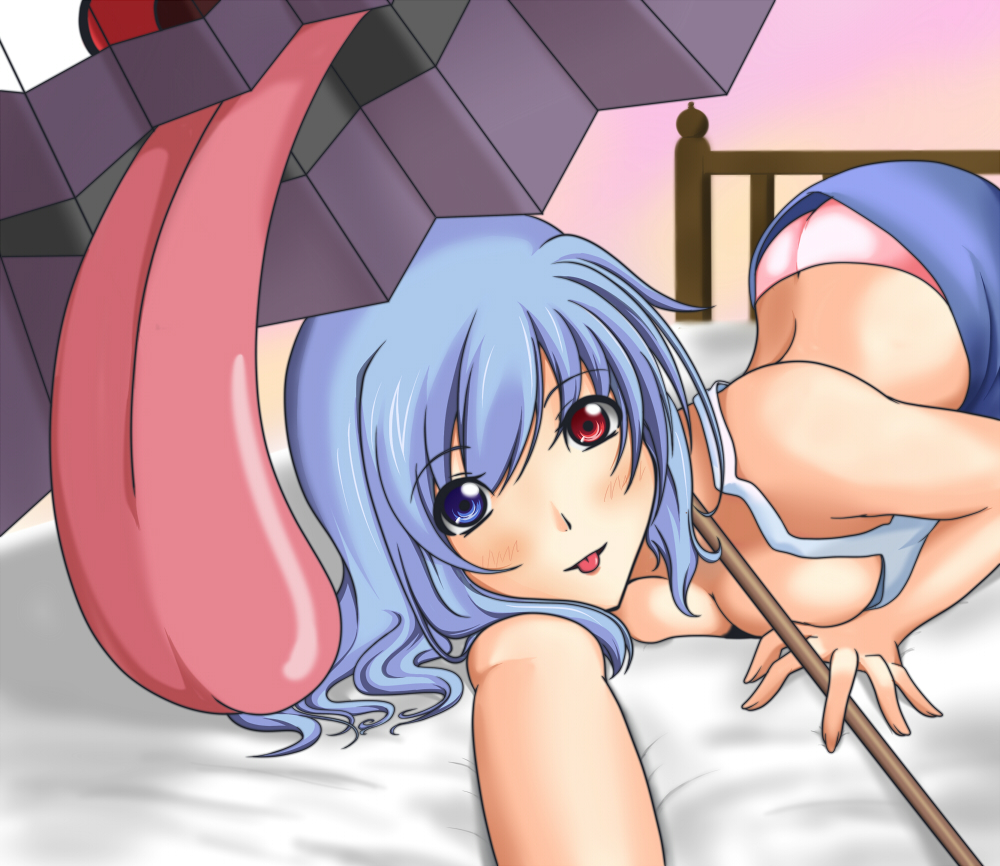 aitsugawa rui, tatara kogasa, touhou, bad id, bad pixiv id, 1girl, :p, ass, bed, blue eyes, blue hair, breasts, cleavage, female focus, gradient background, heterochromia, karakasa obake, large breasts, matching hair/eyes, panties, red eyes, short hair, skirt, solo, tongue, tongue out, umbrella, underwear