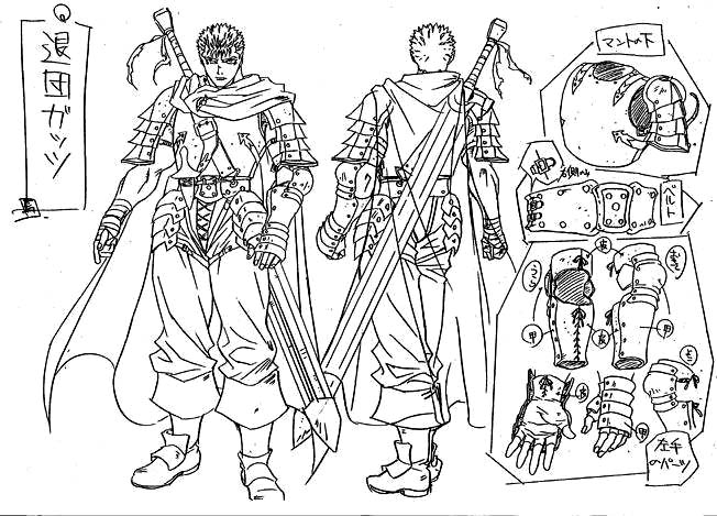 guts (berserk), berserk, 1990s (style), armor, belt, gauntlets, greaves, greyscale, huge weapon, male focus, monochrome, sword, weapon