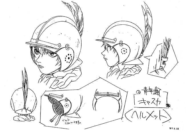 casca (berserk), berserk, 1990s (style), feathers, greyscale, helmet, monochrome, production art, profile, short hair