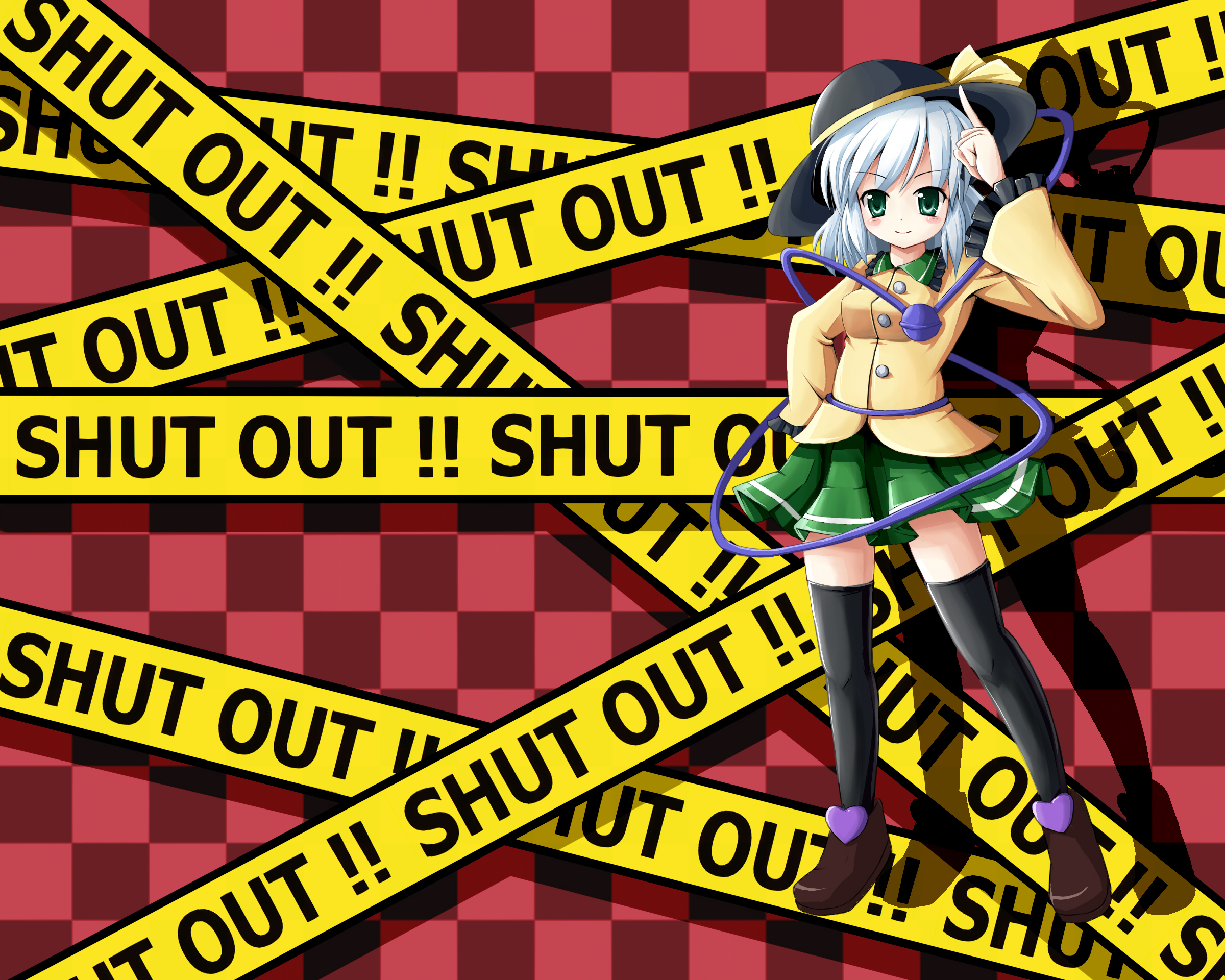 @yu, sijimisizimi, watao, komeiji koishi, touhou, silver hair, highres, 1girl, caution tape, female focus, green eyes, hat, heart, short hair, solo, thighhighs