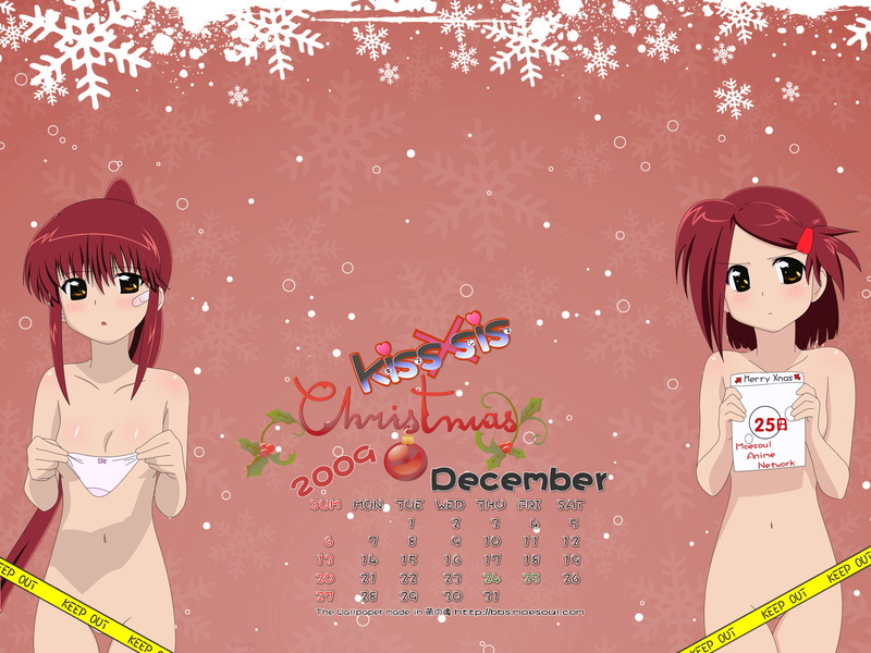 suminoe ako, suminoe riko, kissxsis, 2009, 2girls, bandaid, blush, brown eyes, calendar, caution tape, censored, censored nipples, convenient censoring, flat chest, hair ornament, hairclip, holding, keep out, loli, multiple girls, navel, nude, panties, ponytail, red hair, siblings, sisters, standing, tape, tape censor, twins, underwear