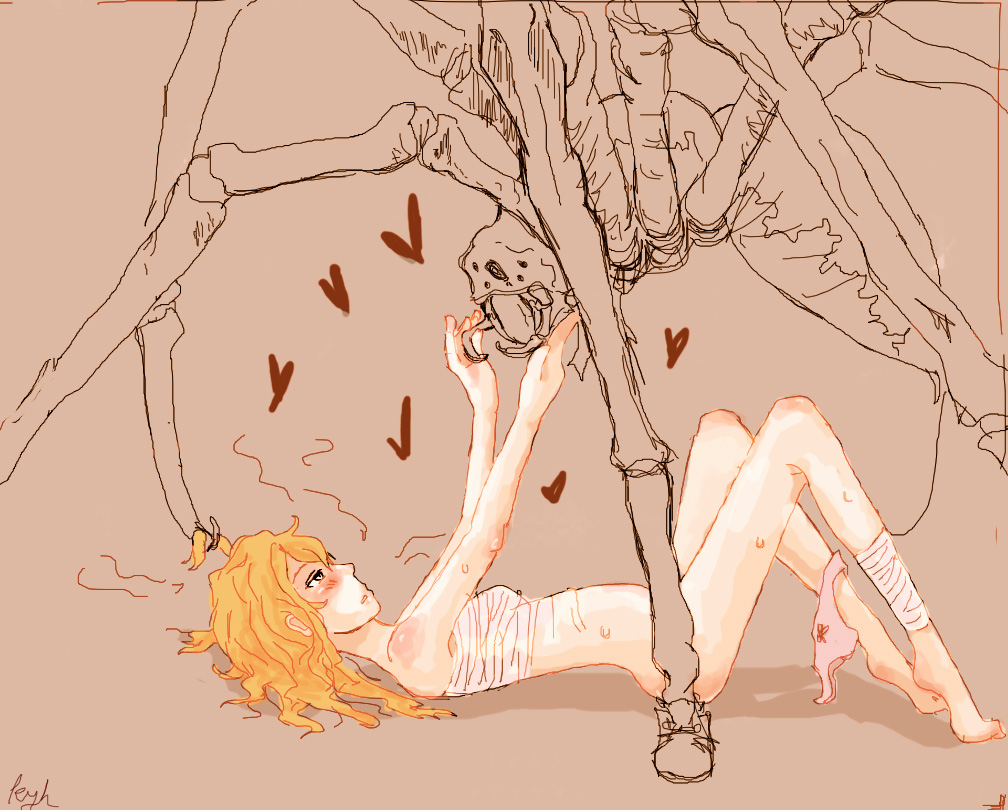 tagme, 1girl, blonde hair, blush, bug, female focus, heart, lying, panties, panties around leg, partially colored, sarashi, solo, spider, underwear, yellow eyes