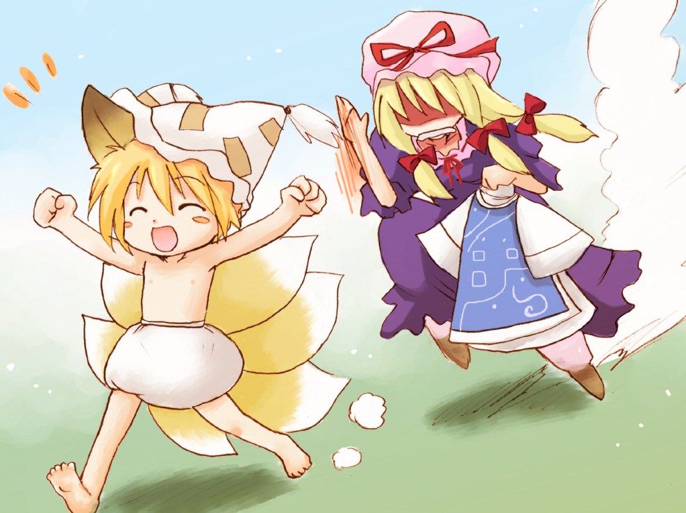 eijima moko, yakumo ran, yakumo yukari, touhou, bad id, bad pixiv id, 2girls, :d, aged down, animal ears, barefoot, blush stickers, chasing, child, female focus, fox ears, fox tail, gradient background, hat, multiple girls, multiple tails, open mouth, outdoors, plant, ribbon, sky, smile, tail, topless female