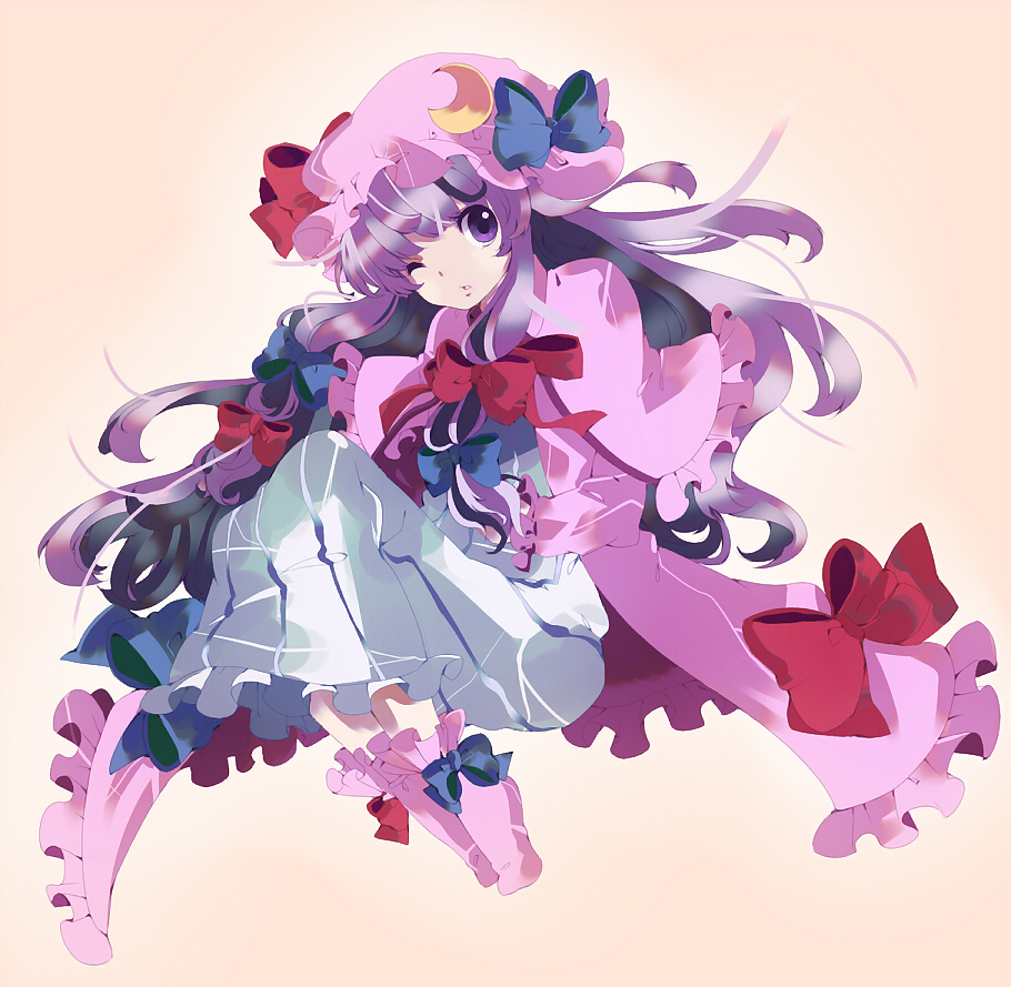patchouli knowledge, touhou, bad id, bad pixiv id, 1girl, female focus, full body, gradient background, hat, long hair, one eye closed, purple eyes, purple hair, solo, wink