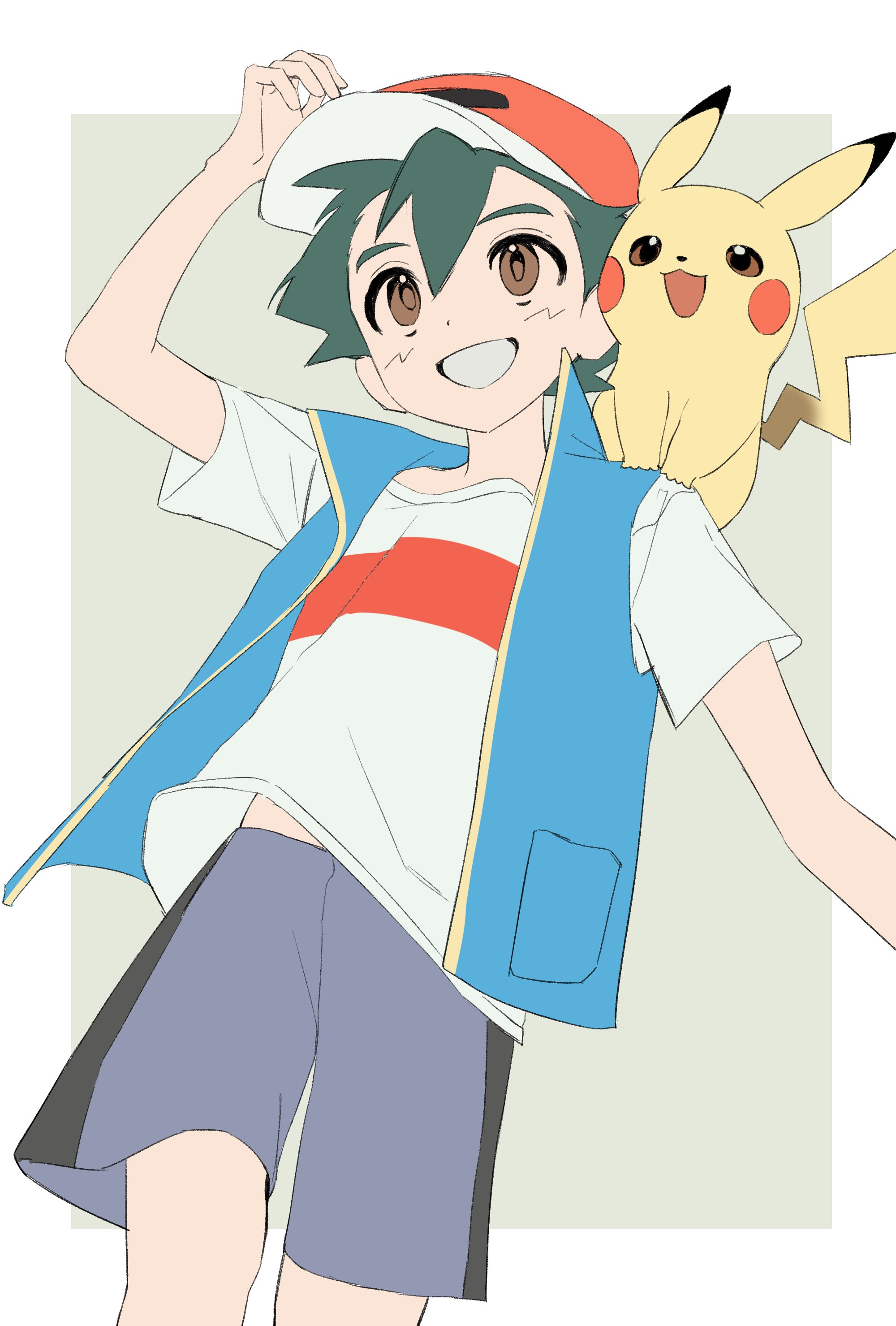 pokesudal, ash ketchum, pikachu, nintendo, pokemon, pokemon (anime), pokemon journeys, absurdres, commentary request, highres, korean commentary, 1boy, arm up, black hair, blue vest, brown eyes, brown pupils, gen 1 pokemon, grey shorts, grin, hat, male focus, on shoulder, open clothes, open vest, pokemon (creature), pokemon on shoulder, red hat, shirt, short hair, short sleeves, shorts, smile, t-shirt, teeth, vest, white shirt