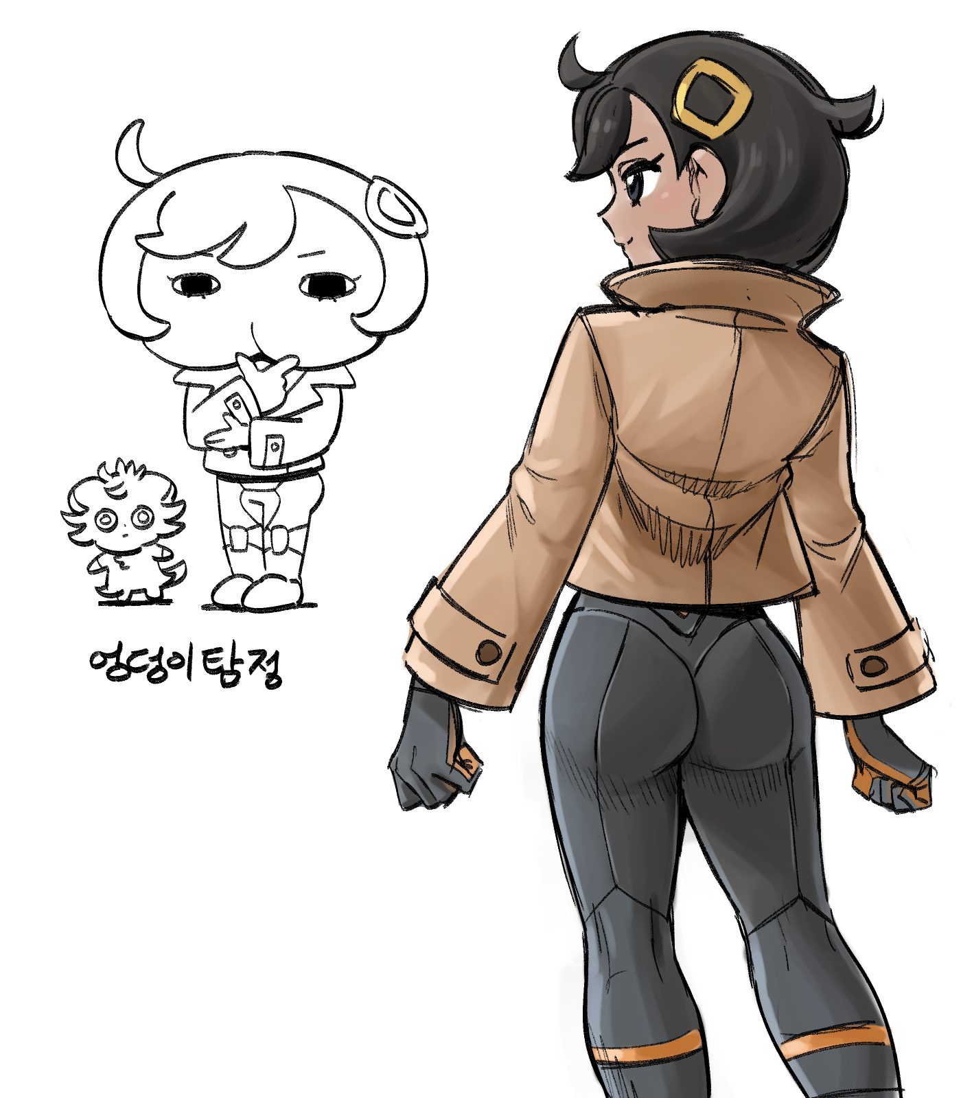 nutkingcall, emma (pokemon), espurr, nintendo, pokemon, pokemon legends: z-a, commentary request, highres, translation request, 1girl, ahoge, ass, black bodysuit, black hair, bodysuit, bodysuit under clothes, brown jacket, clenched hands, closed mouth, gen 6 pokemon, gloves, grey eyes, hair ornament, jacket, korean text, long sleeves, multiple views, oshiri tantei, partially colored, pokemon (creature), short hair, smile, split mouth, white background