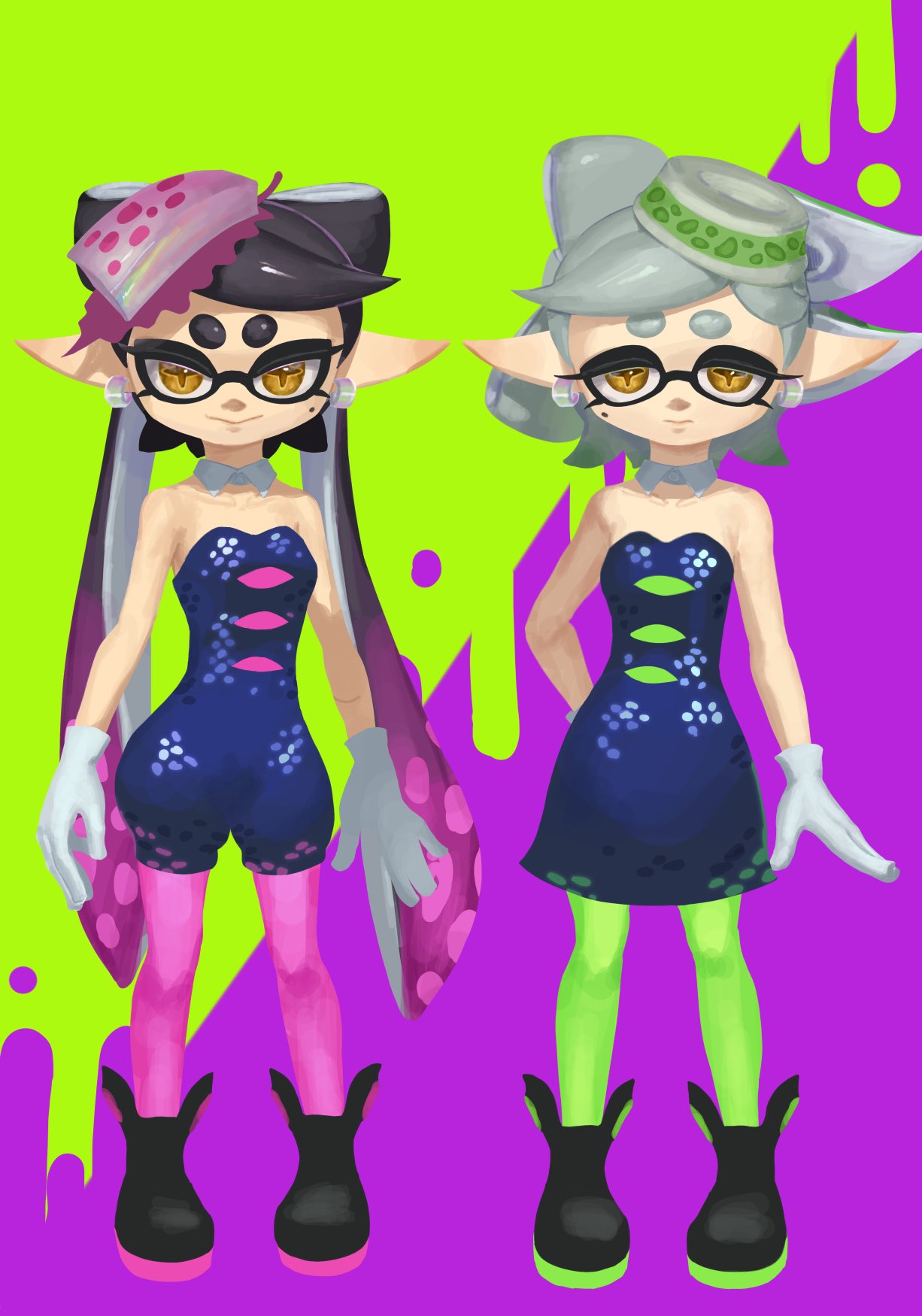 dbwuqldvec82805, callie (splatoon), callie (squid sisters outfit) (splatoon), marie (splatoon), marie (squid sisters outfit) (splatoon), nintendo, splatoon (series), splatoon 1, 2girls, black hair, boots, detached collar, dress, facing viewer, full body, gloves, green background, green hair, grey hair, mole, mole under eye, multicolored hair, multiple girls, pantyhose, pointy ears, purple background, purple hair, short dress, standing, tentacle hair, twintails, two-tone background, two-tone hair, yellow eyes