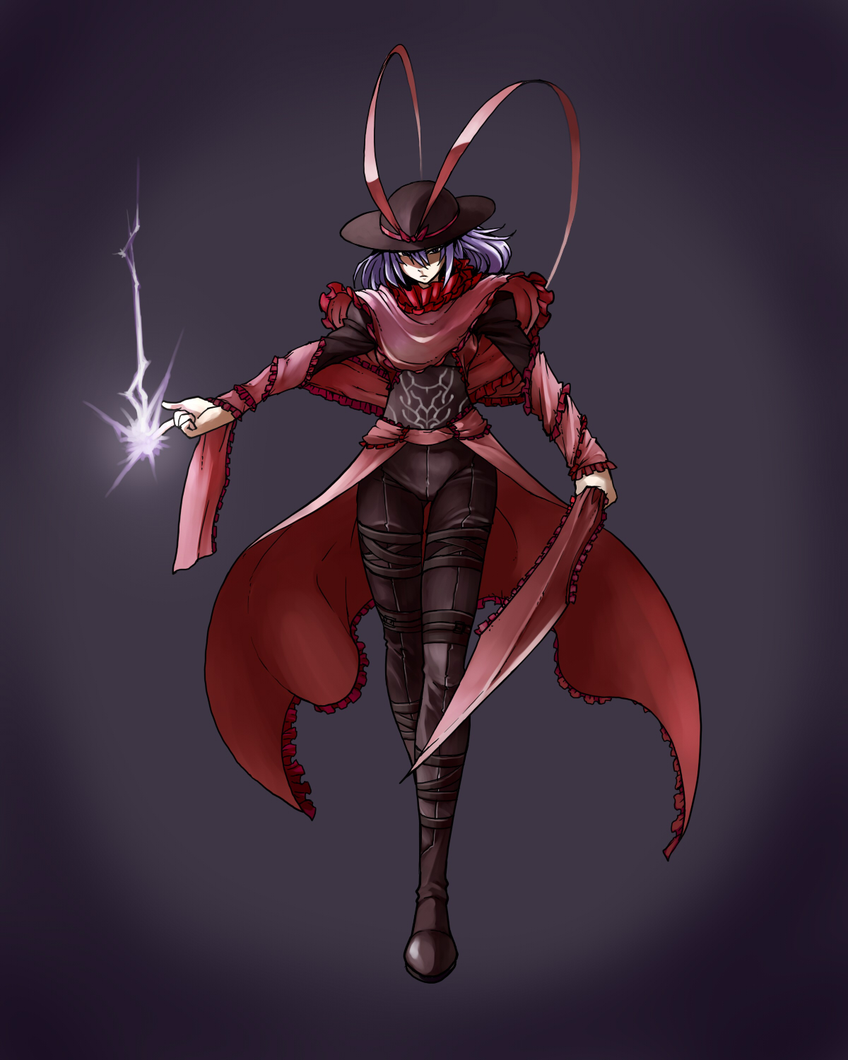 fenne, phenne, archer (fate), nagae iku, fate/stay night, fate (series), touhou, light purple hair, highres, 1girl, archer (fate) (cosplay), black pants, boots, bow, capelet, cosplay, female focus, full body, gradient background, hat, hat bow, pants, pointing finger, purple hair, shawl, short hair, simple background, solo, sparks, standing, sword, weapon