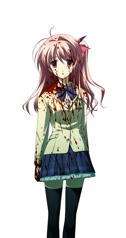 matsuo yukihiro, sakihata rimi, chaos;head, science adventure, game cg, non-web source, official art, 1girl, antenna hair, black thighhighs, blazer, blood, blood in hair, blood on clothes, blood on face, blood on hands, blood splatter, bow, bowtie, breasts, brown jacket, collared shirt, dress shirt, empty eyes, horror (theme), jacket, looking at viewer, miniskirt, one side up, open mouth, petticoat, pink eyes, pink hair, plaid bow, plaid bowtie, plaid clothes, plaid skirt, purple bow, purple bowtie, school uniform, shirt, skirt, small breasts, solo, sprite, suimei academy school uniform, thighhighs, transparent background, white shirt, zettai ryouiki
