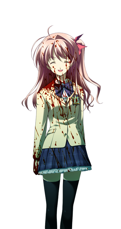 matsuo yukihiro, sakihata rimi, chaos;head, science adventure, game cg, non-web source, official art, 1girl, antenna hair, black thighhighs, blazer, blood, blood in hair, blood on clothes, blood on face, blood on hands, blood splatter, bow, bowtie, breasts, brown jacket, collared shirt, dress shirt, facing viewer, horror (theme), jacket, miniskirt, one side up, open mouth, petticoat, pink hair, plaid bow, plaid bowtie, plaid clothes, plaid skirt, purple bow, purple bowtie, school uniform, shirt, skirt, small breasts, smile, solo, sprite, suimei academy school uniform, thighhighs, transparent background, white shirt, zettai ryouiki