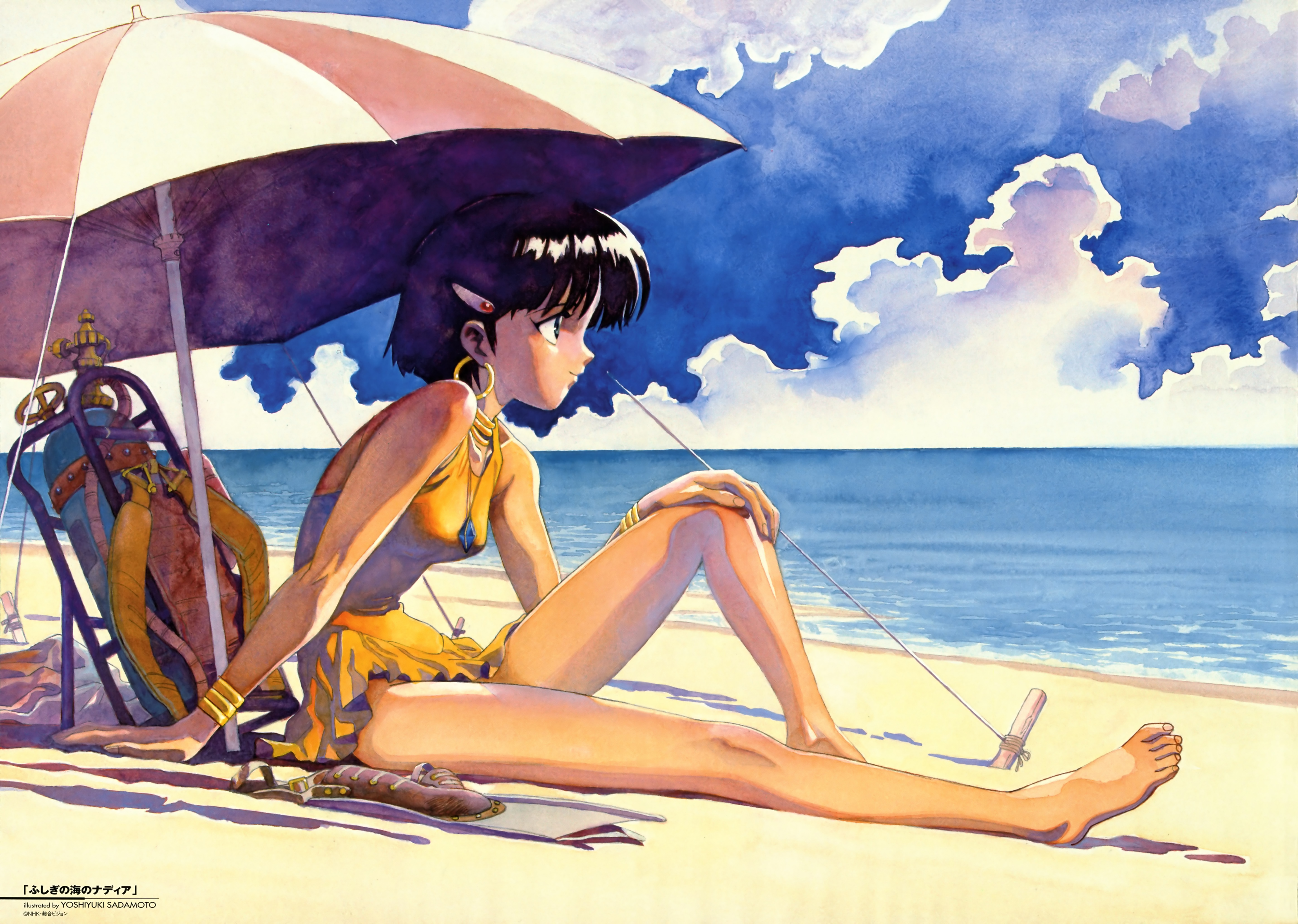 sadamoto yoshiyuki, nadia la arwall, fushigi no umi no nadia, absurdres, highres, 1990s (style), 1girl, barefoot, beach, bikini, dark-skinned female, dark skin, day, feet, female focus, retro artstyle, scuba tank, short hair, solo, swimsuit, umbrella