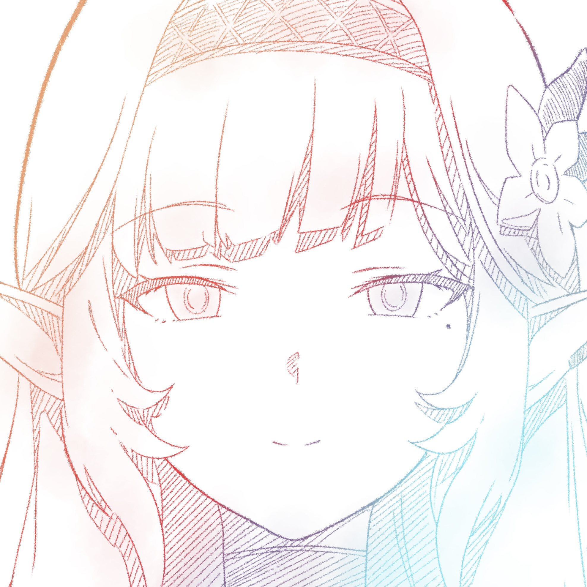 suttanipata, himari (blue archive), utada hikaru, blue archive, evangelion: 3.0+1.0 thrice upon a time, neon genesis evangelion, rebuild of evangelion, commentary request, highres, 1girl, album cover, cover, diagonal bangs, eyebrows hidden by hair, flower, hair flower, hair ornament, hairband, long hair, looking at viewer, mole, mole under eye, one last kiss, parody, partially colored, pointy ears, rainbow gradient, smile, turtleneck, white background