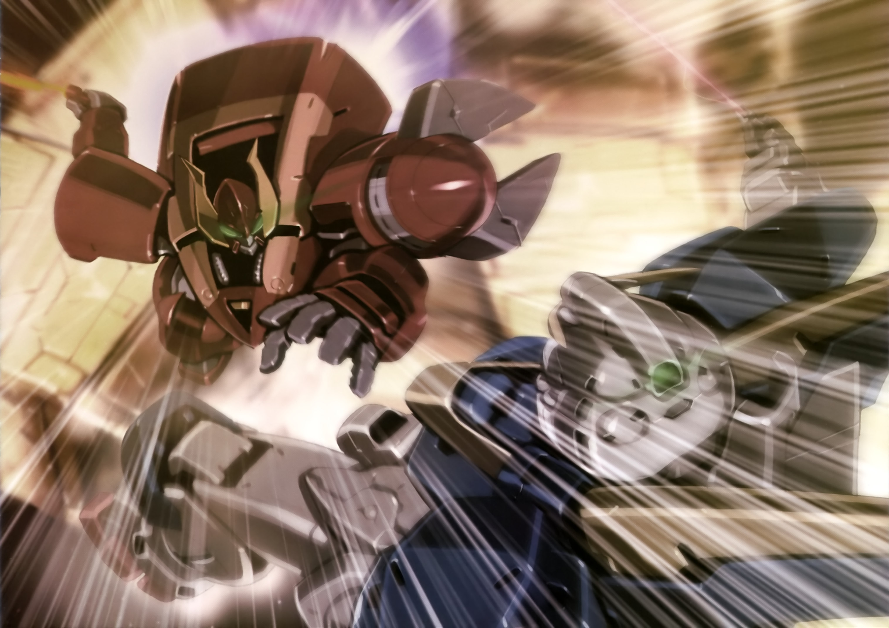 v2 gundam, gundam, victory gundam, artist request, highres, magazine scan, official art, painting (medium), promotional art, scan, traditional media, beam cannon, cable, earth federation, energy sword, green eyes, gundam perfect file, mecha, mecha focus, mobile suit, motion lines, no humans, realistic, rig contio, robot, scene reference, science fiction, sword, thrusters, v-fin, weapon, zanscare