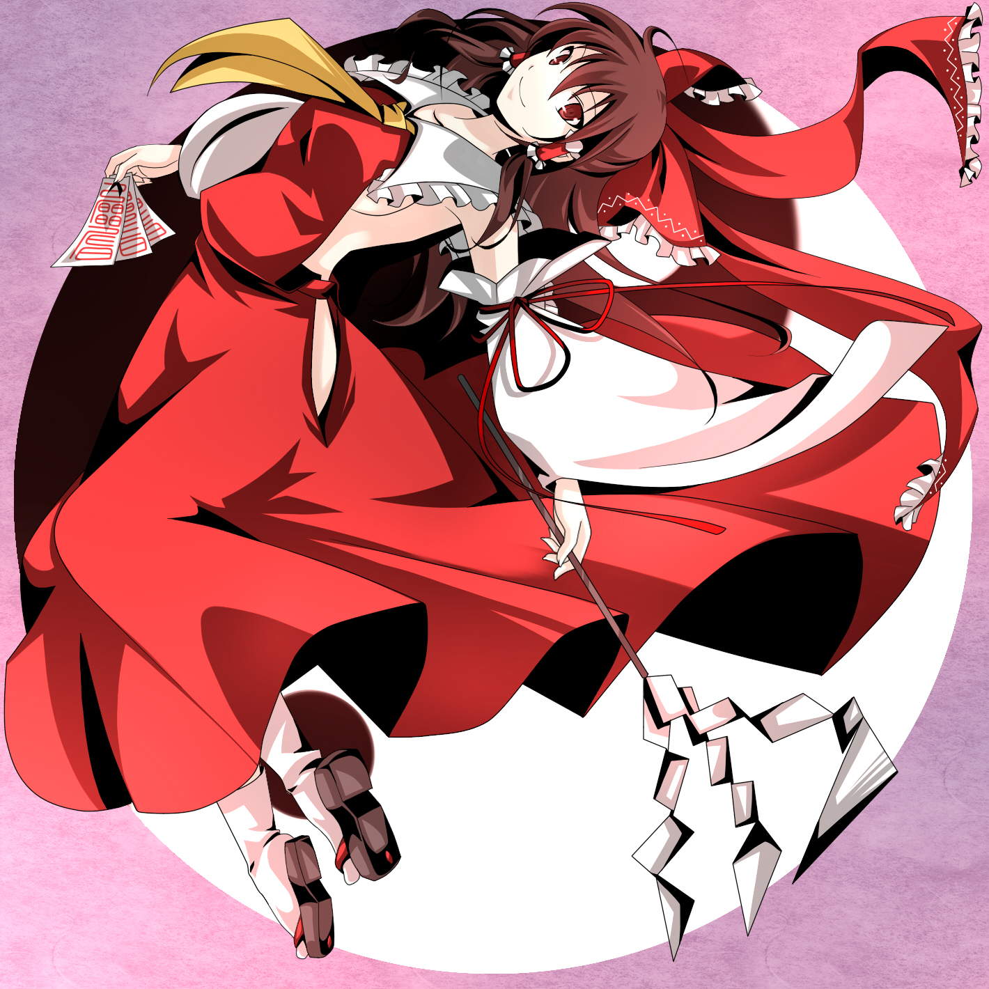 hal (goshujinomocha), hal (haruna), hakurei reimu, touhou, highres, 1girl, bow, breasts, brown hair, detached sleeves, female focus, gohei, hair bow, japanese clothes, long hair, miko, no panties, ofuda, oonusa, red eyes, solo, yin yang