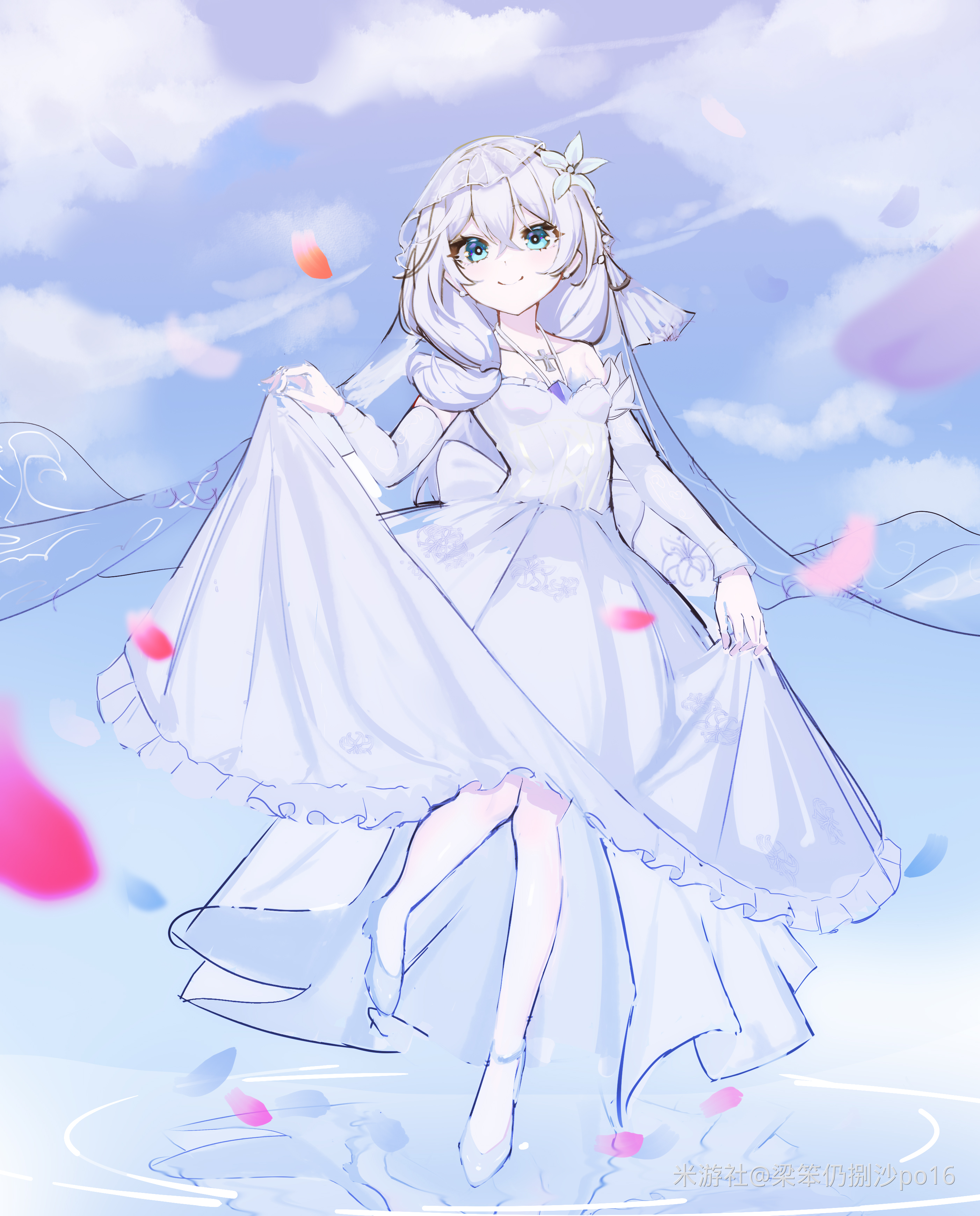 theresa apocalypse, honkai (series), honkai impact 3rd, absurdres, chinese commentary, commentary request, highres, 1girl, blue eyes, breasts, closed mouth, dress, full body, high heels, long hair, long sleeves, looking at viewer, petals, po16, rosary, side ponytail, small breasts, smile, solo, veil, wedding dress, white dress, white hair