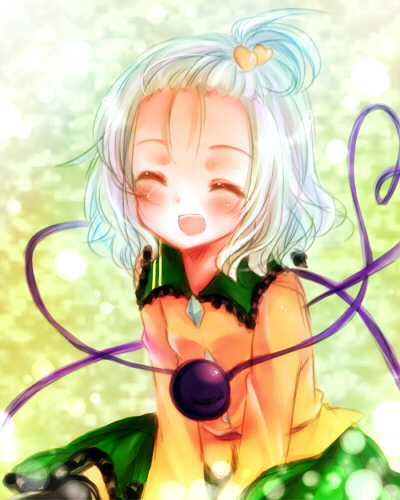 rai (rai-s), komeiji koishi, touhou, silver hair, lowres, 1girl, alternate hairstyle, blush, closed eyes, female focus, forehead, green hair, happy, heart, heart of string, high ponytail, ponytail, short hair, sitting, solo, topknot, v arms