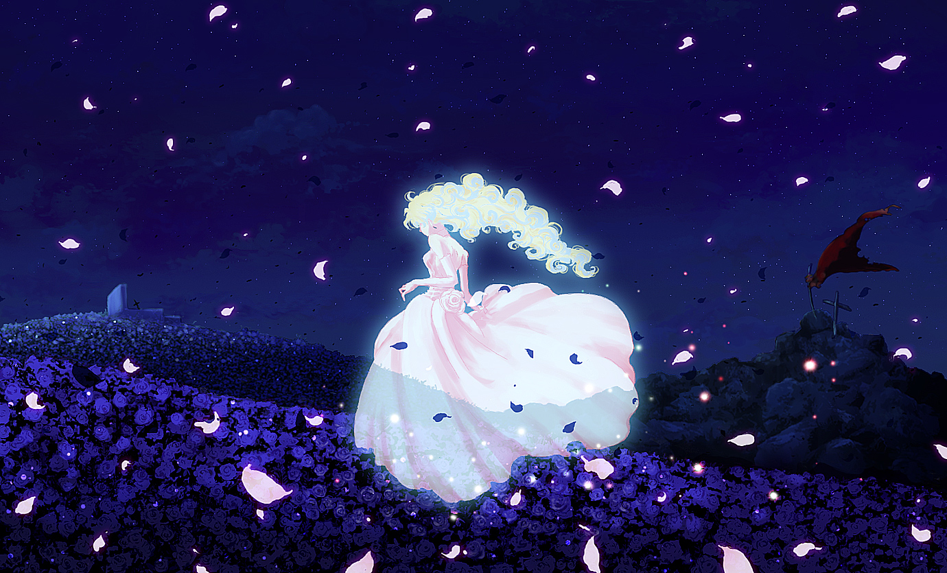 makishi yaichi, nia teppelin, tengen toppa gurren lagann, 00s, 1girl, dress, female focus, flower, ghost, grave, night, pink dress, planted, planted sword, planted weapon, solo, sword, weapon