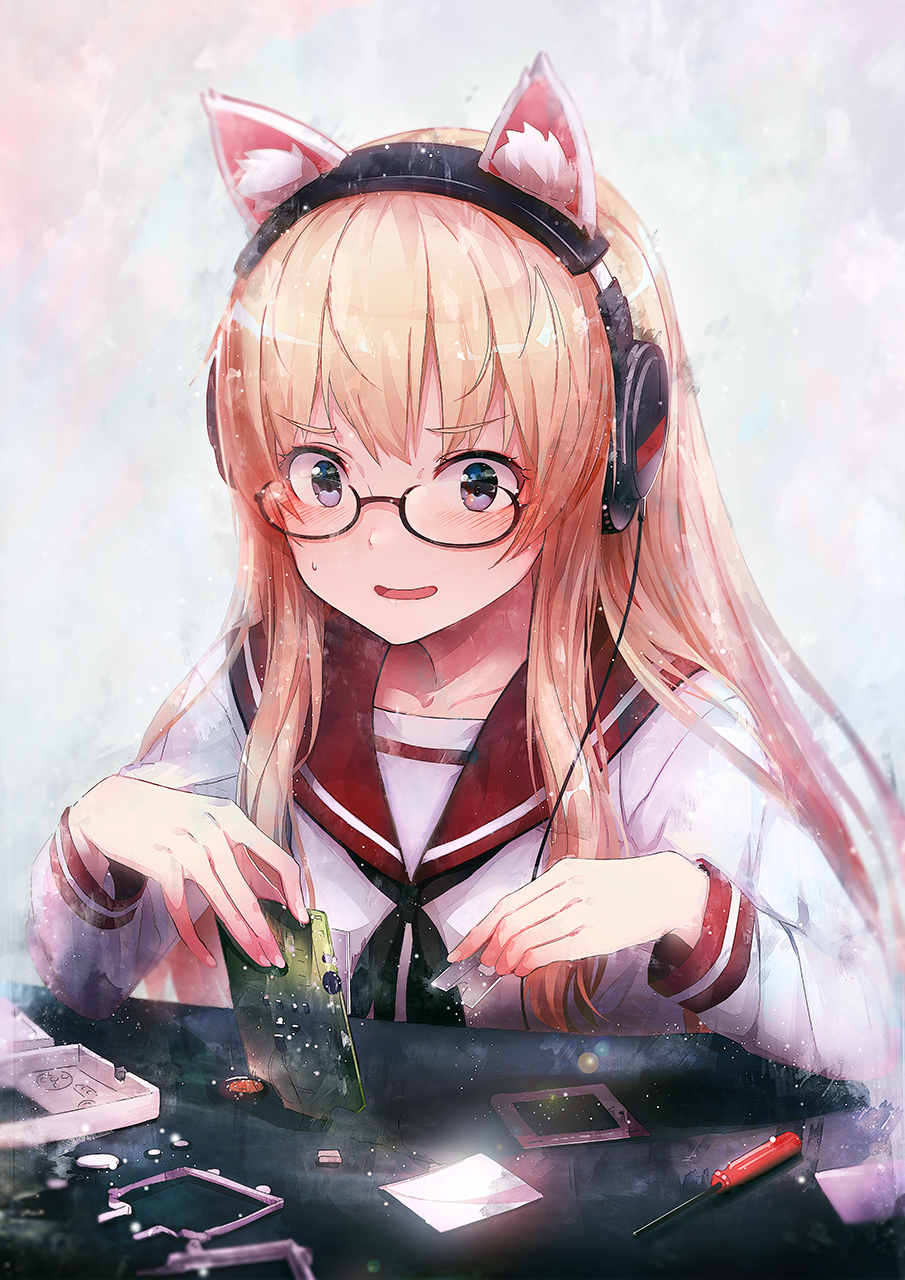 shirakaba, original, commentary request, highres, 1girl, animal ear fluff, animal ears, black eyes, blonde hair, circuit board, game boy, glasses, handheld game console, headphones, long sleeves, open mouth, razor blade, school uniform, screwdriver, semi-rimless eyewear, serafuku, shirt, solo, sweatdrop, table, under-rim eyewear, upper body, white background, white shirt