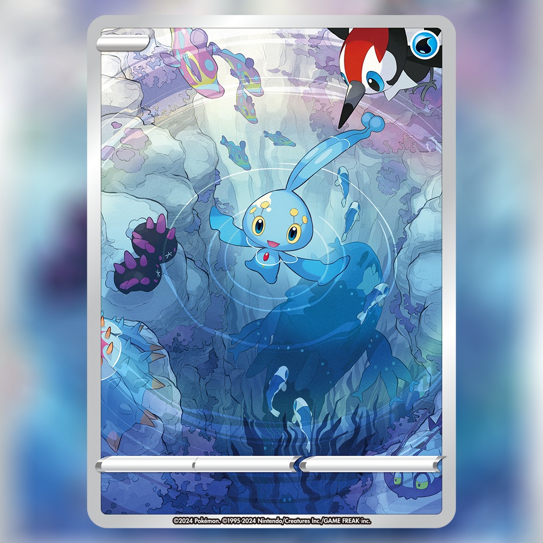 akitsu taira, bruxish, manaphy, pikipek, pyukumuku, toxapex, wimpod, wishiwashi, wishiwashi (school), wishiwashi (solo), nintendo, pokemon, pokemon tcg, commentary, english commentary, official art, textless version, third-party source, :d, bird, blue eyes, card (medium), colored sclera, company name, copyright name, copyright notice, fish, gen 4 pokemon, gen 7 pokemon, legendary pokemon, mythical pokemon, no humans, open mouth, pokemon (creature), pokemon card, ripples, smile, swimming, trading card, underwater, yellow sclera