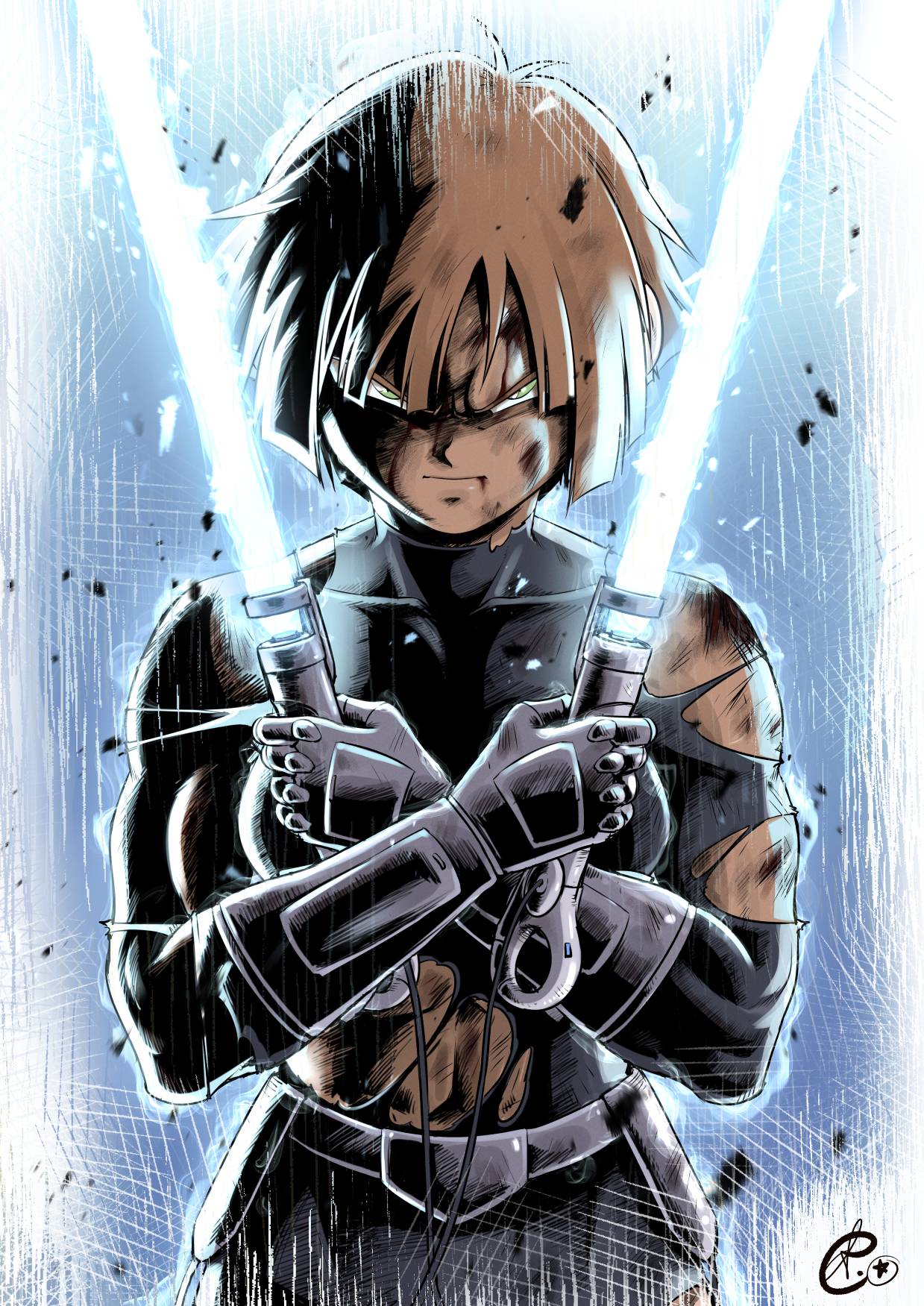 benoit picard, galen marek, dragon ball, dragon ball multiverse, star wars, star wars: the force unleashed, commentary, english commentary, highres, 1girl, artist logo, battle damage, belt, black unitard, blue aura, blue light, cosplay, crossed arms, dual wielding, energy sword, facing viewer, galen marek (cosplay), glaring, green eyes, holding, holding weapon, holster, lightsaber, logo, looking at viewer, mechanical gloves, muscular, muscular female, orange hair, phipsil (dragon ball multiverse), scratches, short hair, signature, solo, sword, torn clothes, torn unitard, unitard, upper body, weapon