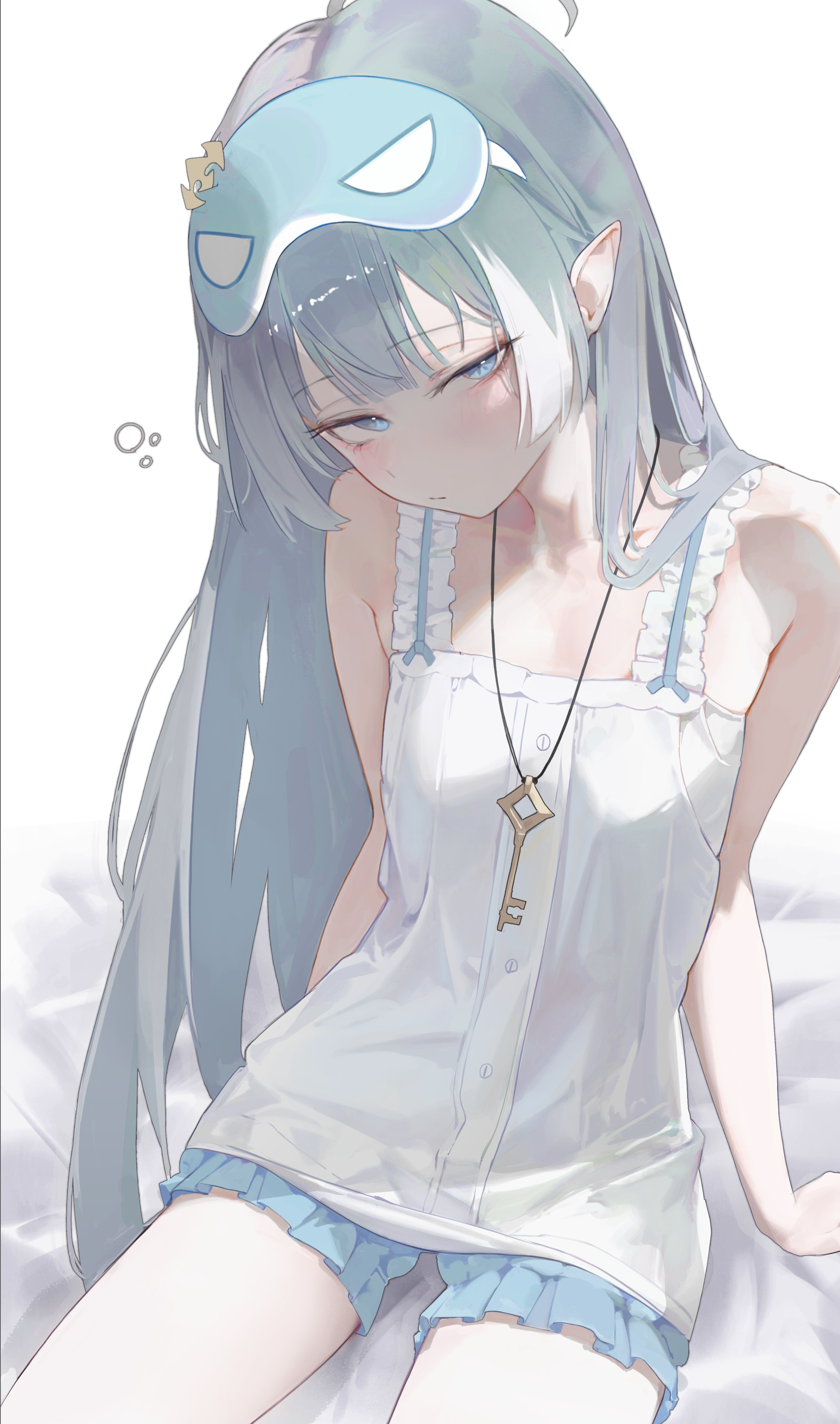 gjz1227, female tyrant (pajamas) (stella sora), female tyrant (stella sora), tyrant (stella sora), stella sora, absurdres, commentary, highres, symbol-only commentary, 1girl, :/, ahoge, arm support, armpit crease, bare arms, blue eyes, blue shorts, blush, breasts, camisole, extra pupils, grey hair, head tilt, jewelry, key, key necklace, looking at viewer, narrowed eyes, necklace, official alternate costume, on bed, pajama shorts, pajamas, pointy ears, shorts, sitting, sleepy, small breasts, solo, squeans, white camisole