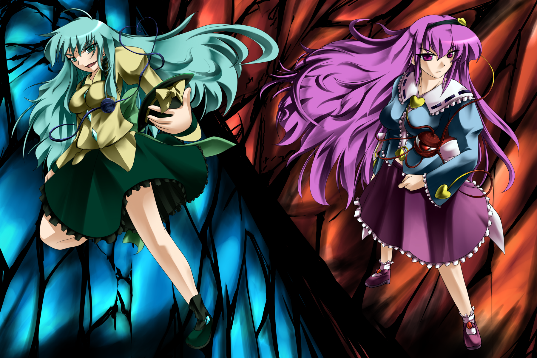 gin kagami, shiromiza kana, komeiji koishi, komeiji satori, touhou, highres, 2girls, aged up, alternate hairstyle, female focus, green eyes, green hair, hat, long hair, multiple girls, purple eyes, purple hair, siblings, sisters