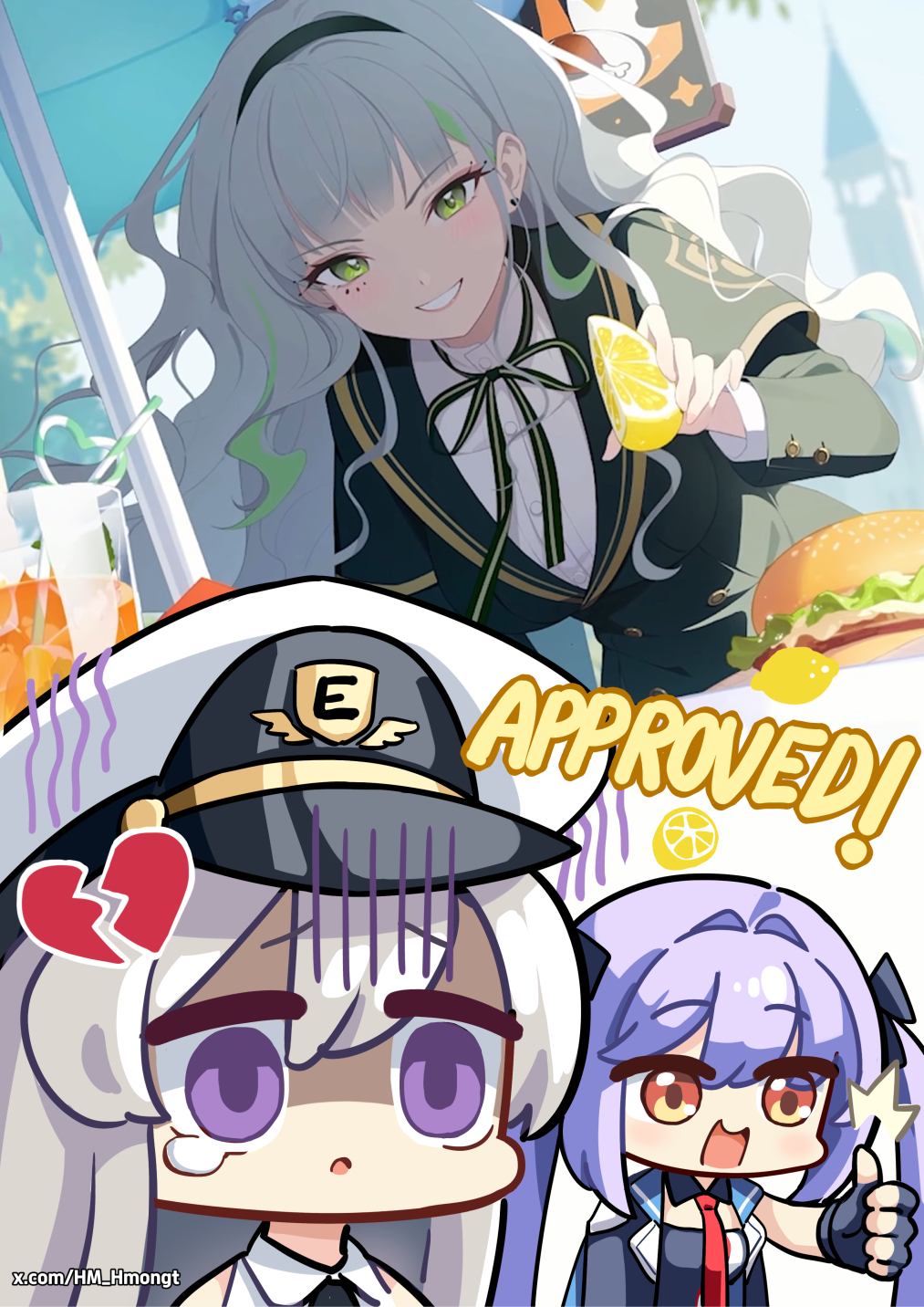 hm (hmongt), enterprise (azur lane), essex (azur lane), firenze (stella sora), azur lane, stella sora, commentary, english commentary, highres, 3girls, blue gloves, blue jacket, broken heart, burger, chibi, crazy straw, crossover, detached collar, drinking straw, earrings, english text, fingerless gloves, food, fruit, gloom (expression), gloves, green eyes, green hair, grey hair, grin, hair intakes, hat, heart, heart straw, iced tea, jacket, jacket on shoulders, jewelry, lemon, military hat, mole, mole under eye, multicolored hair, multiple girls, neck ribbon, necktie, official art inset, orange eyes, peaked cap, purple eyes, purple hair, red necktie, ribbon, school uniform, smile, streaked hair, tearing up, thumbs up, twintails, twitter username, wavy hair