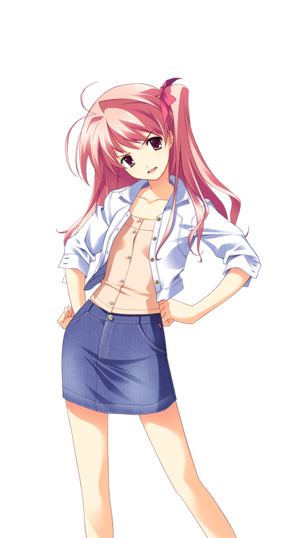 matsuo yukihiro, sakihata rimi, chaos;head, science adventure, pink top, clothing request, game cg, non-web source, official art, 1girl, angry, antenna hair, blue skirt, breasts, casual, collarbone, cropped jacket, denim, denim skirt, hand on own hip, head tilt, jacket, looking at viewer, miniskirt, narrowed eyes, one side up, open mouth, pink eyes, pink hair, short sleeves, skirt, small breasts, solo, sprite, transparent background, white jacket